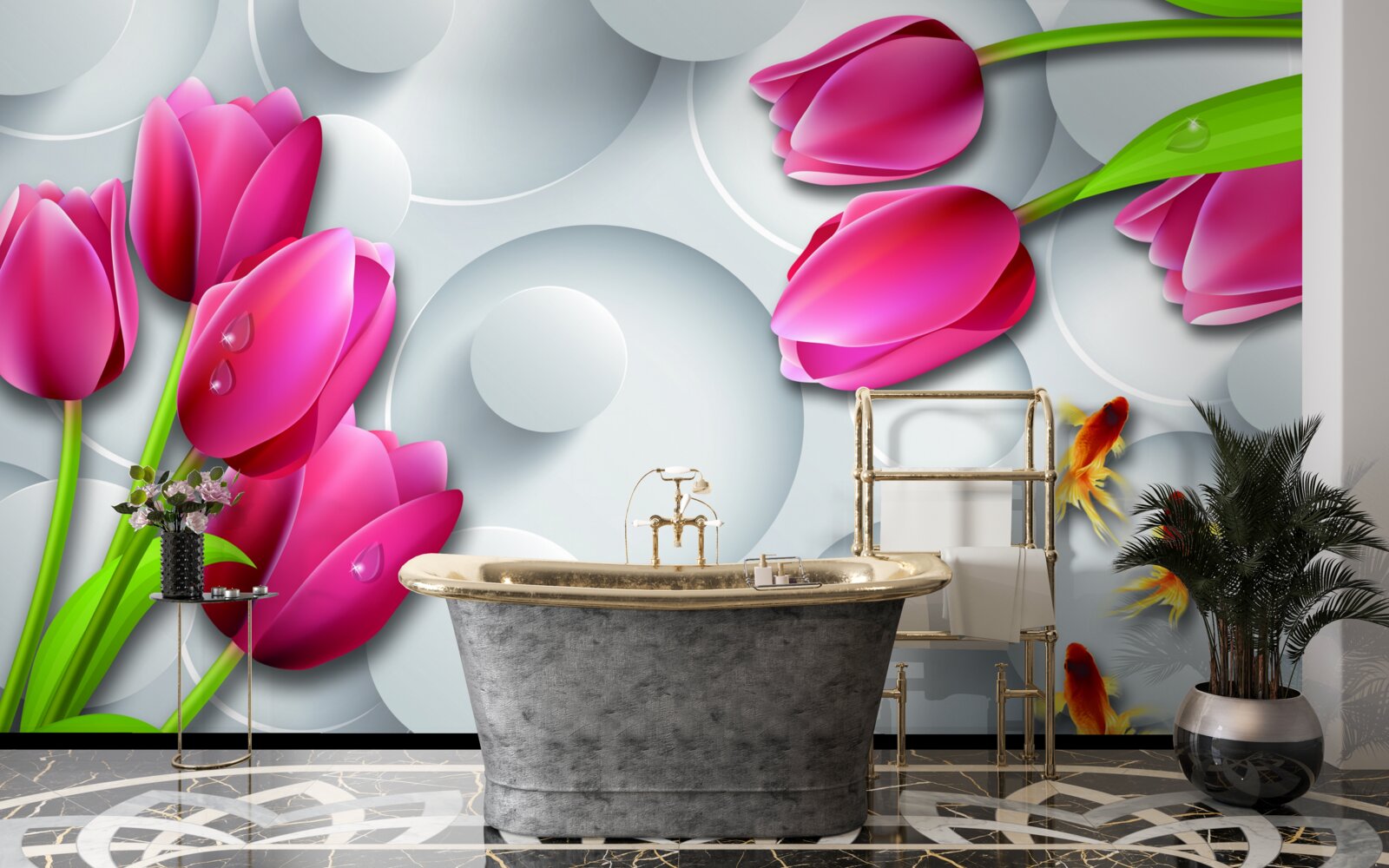 Fototapeten Schmetterlinge und Blumensträuße scharlachrote Tulpen