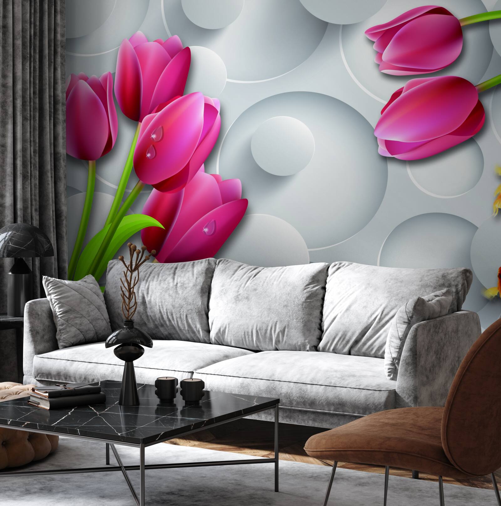 Fototapeten Schmetterlinge und Blumensträuße scharlachrote Tulpen