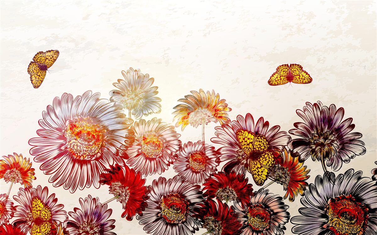 Fototapeten Helle Blumen ziehen gleitende Schmetterlinge an