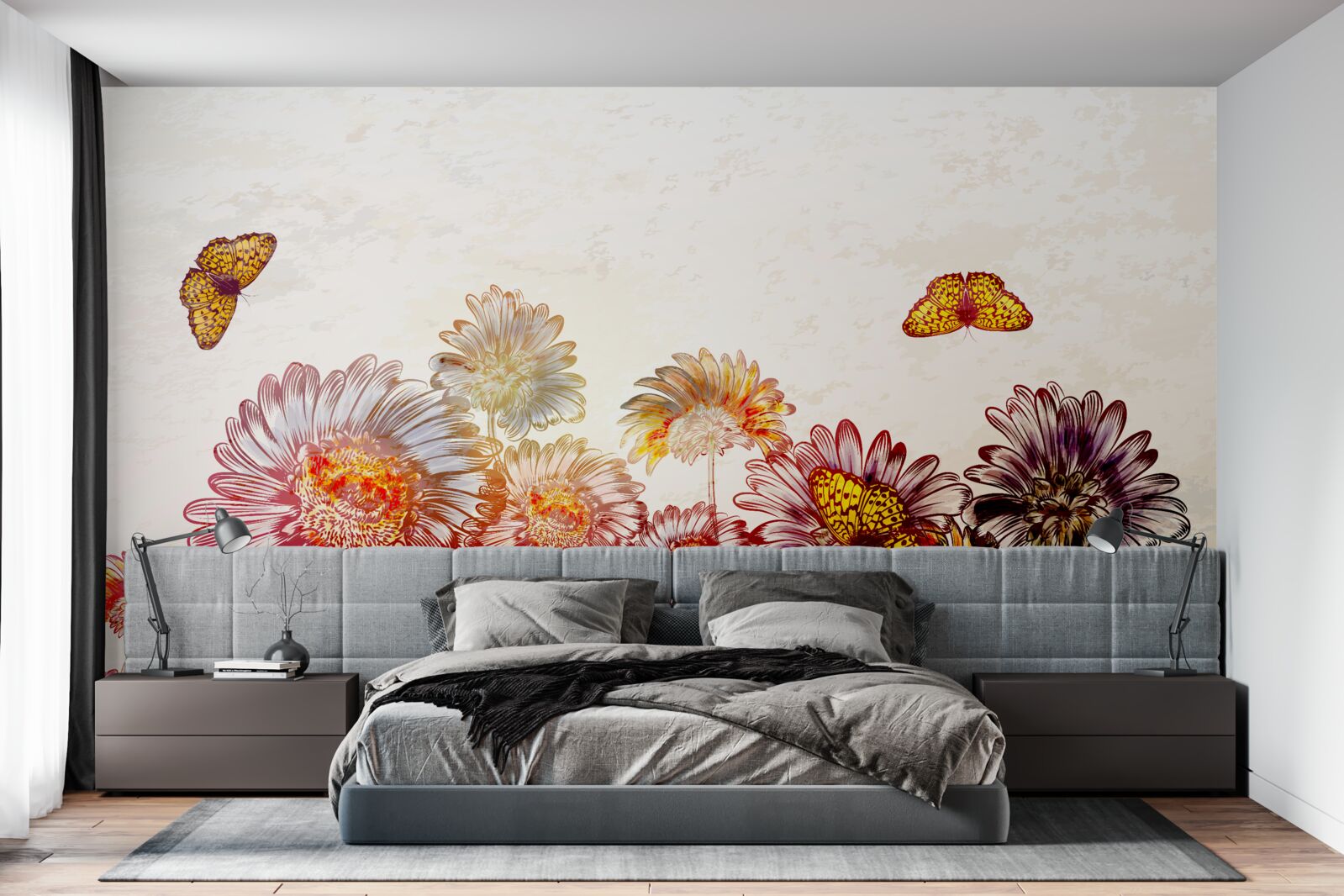 Fototapeten Helle Blumen ziehen gleitende Schmetterlinge an