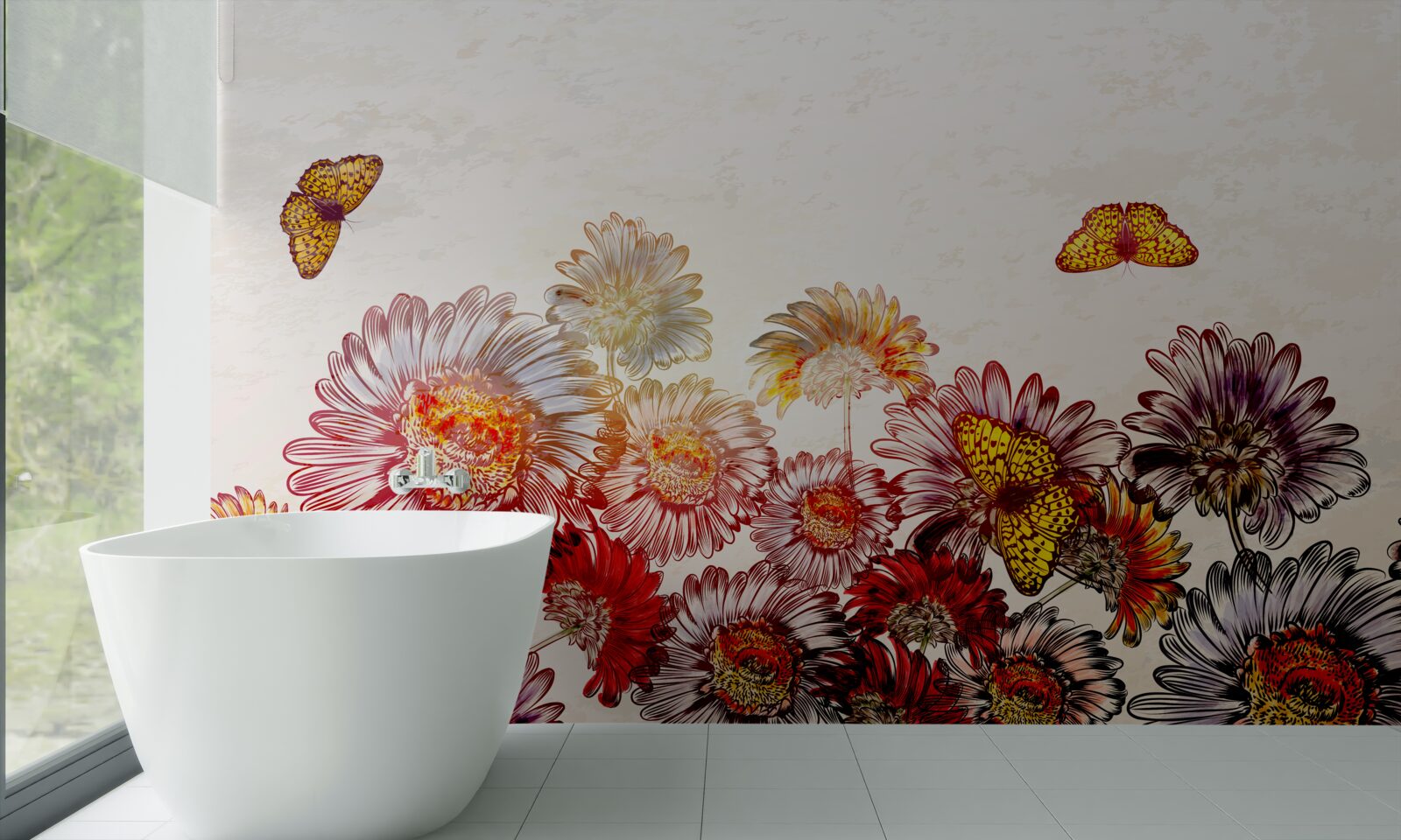 Fototapeten Helle Blumen ziehen gleitende Schmetterlinge an