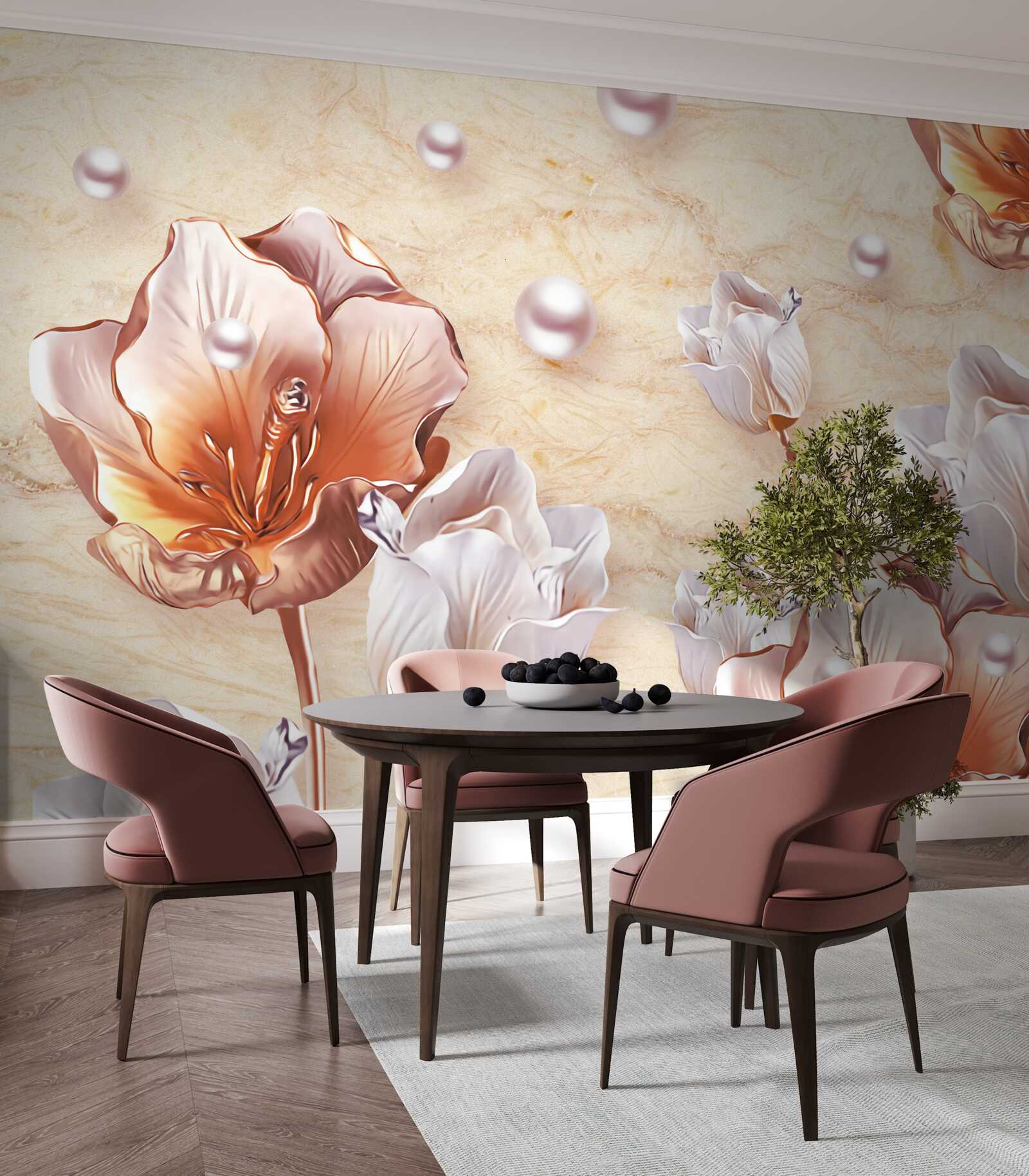 Fototapeten Glänzende Strasssteine, leichte Perlen und exquisite Blumen
