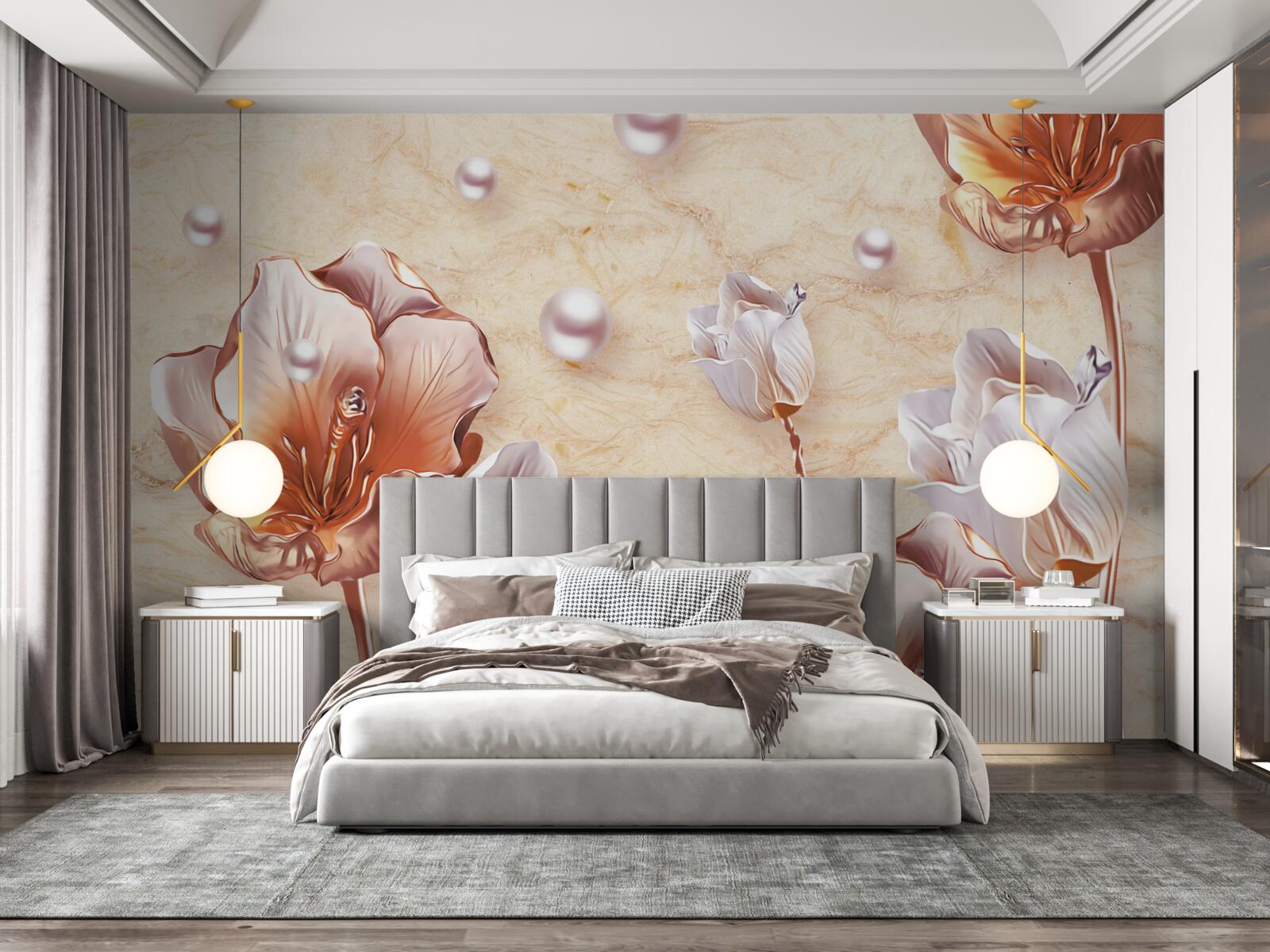 Fototapeten Glänzende Strasssteine, leichte Perlen und exquisite Blumen