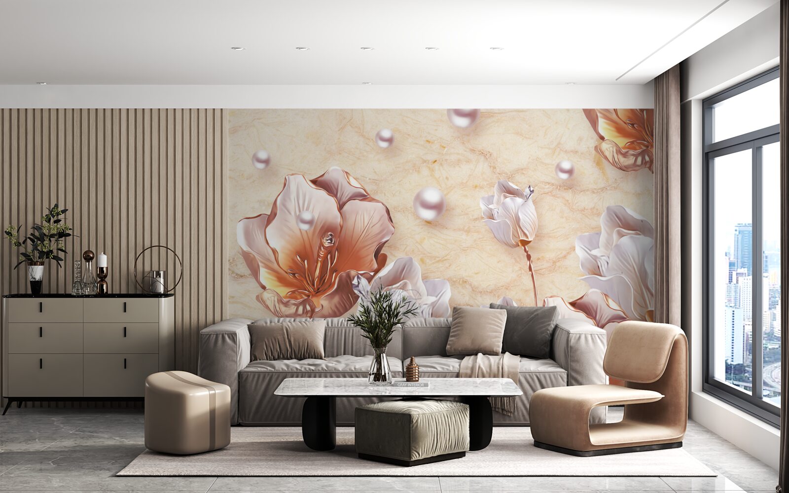 Fototapeten Glänzende Strasssteine, leichte Perlen und exquisite Blumen