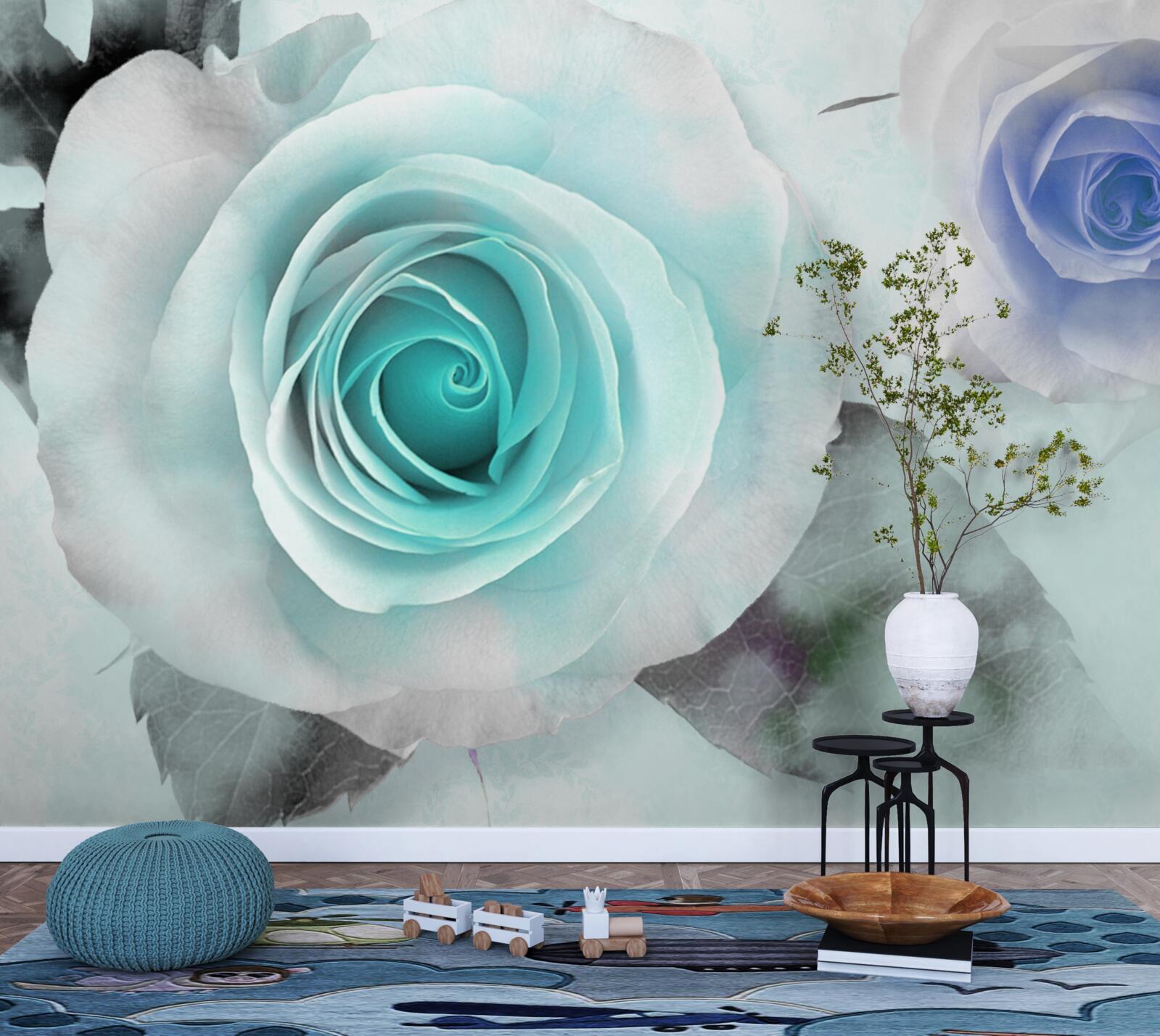 Fototapeten Rosen in Blau- und Grüntönen