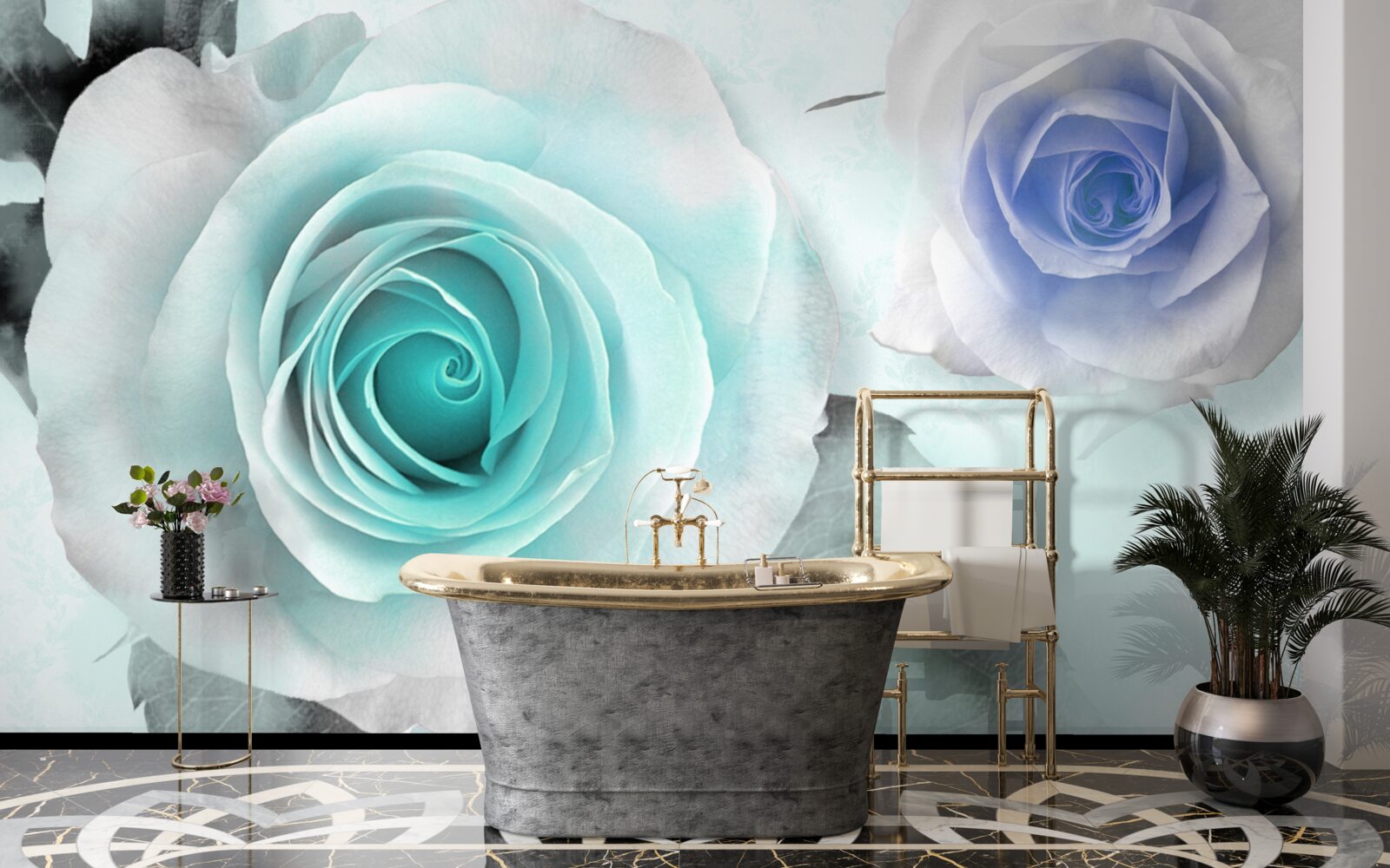 Fototapeten Rosen in Blau- und Grüntönen