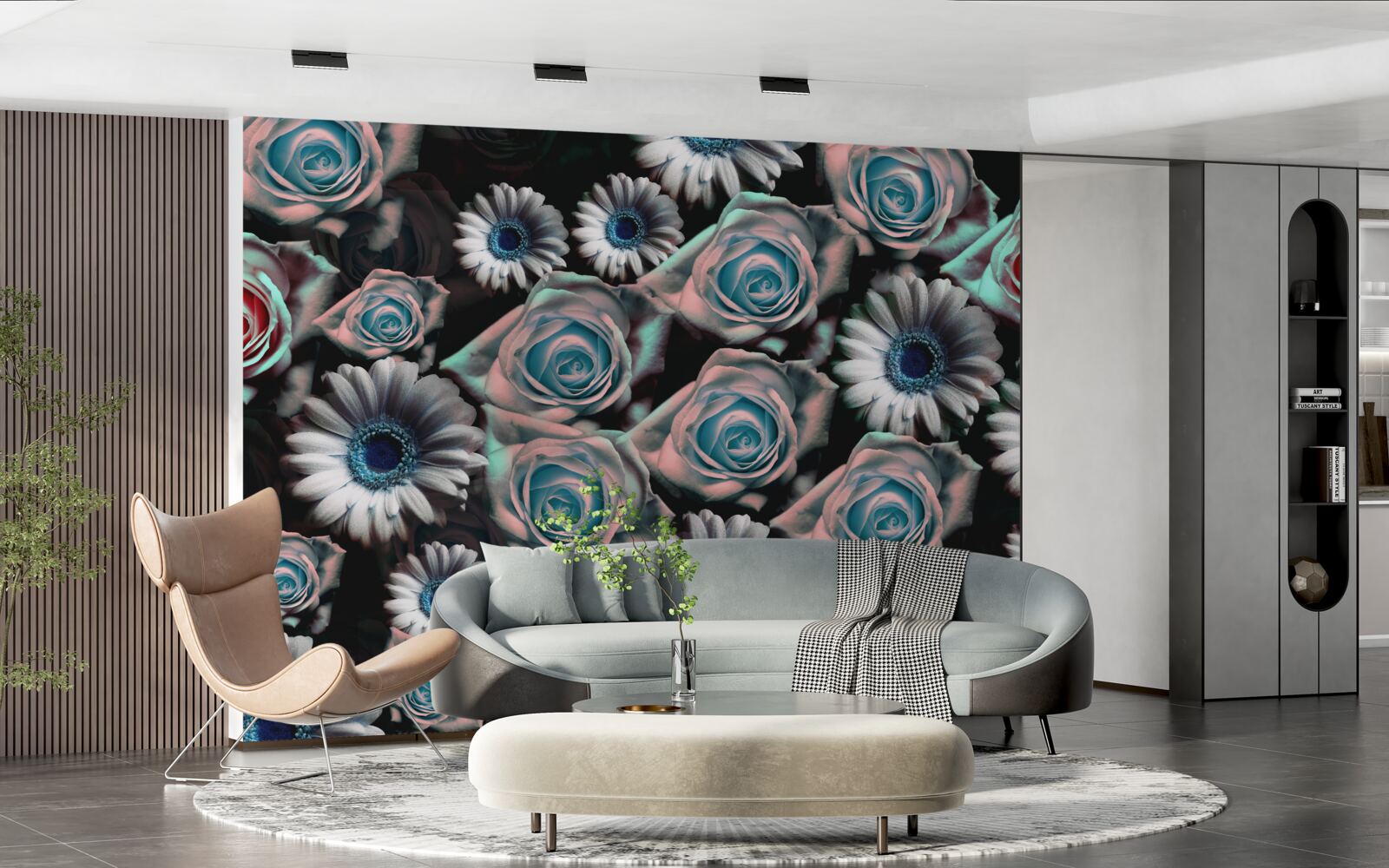 Fototapeten Gerberas und Rosen auf schwarzem Hintergrund