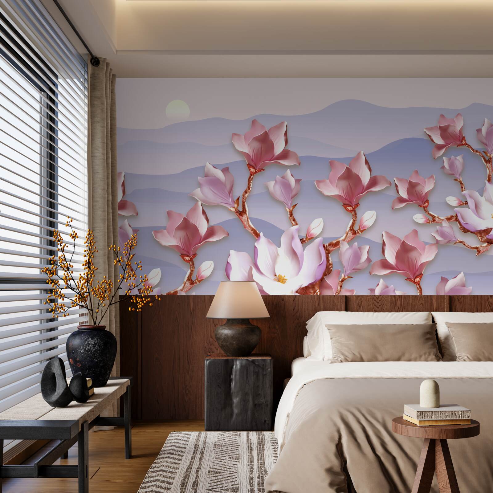 Fototapeten Magnolien -Knospen rosa gegen die Morgendämmerung eines langweiligen Tages