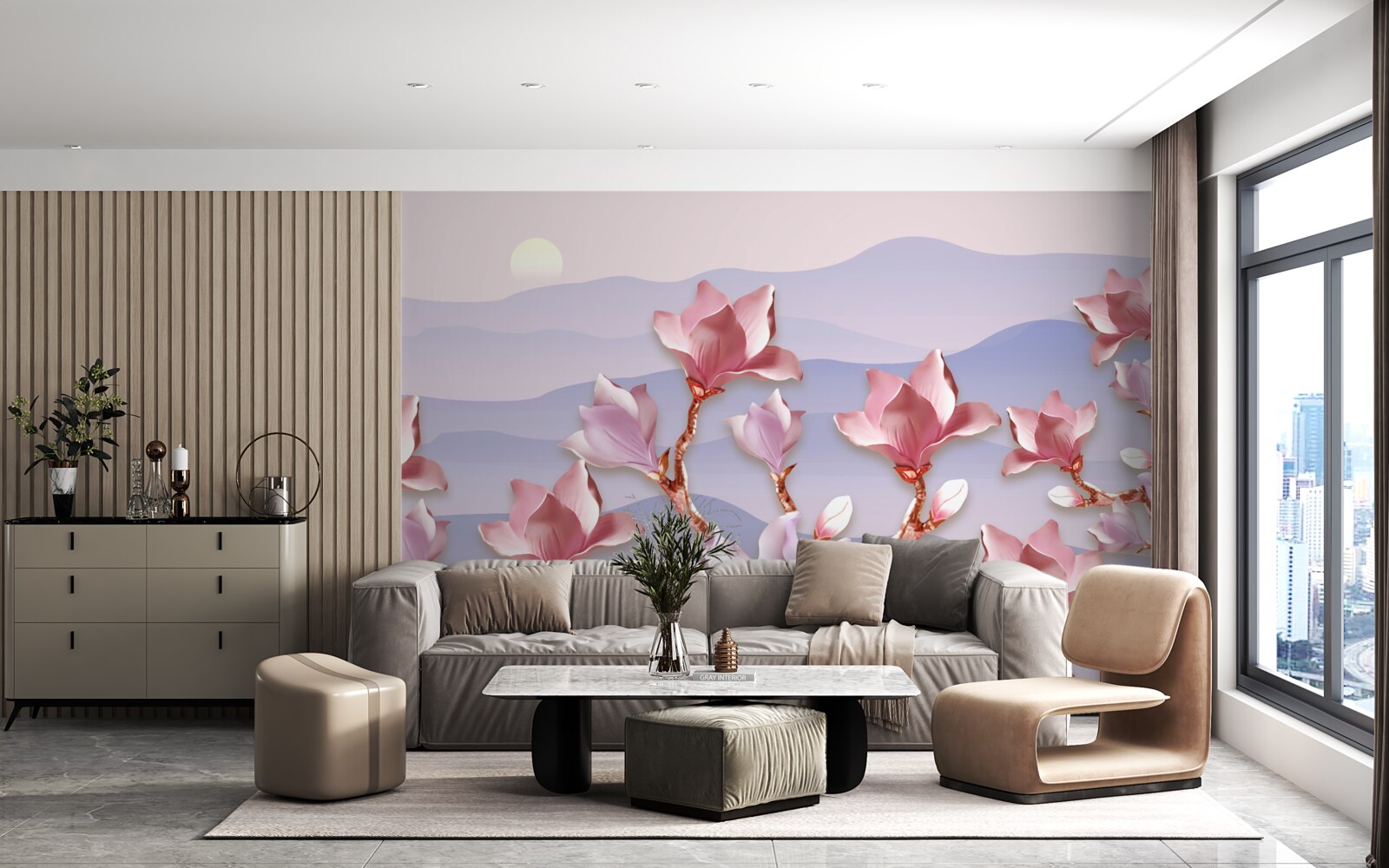Fototapeten Magnolien -Knospen rosa gegen die Morgendämmerung eines langweiligen Tages