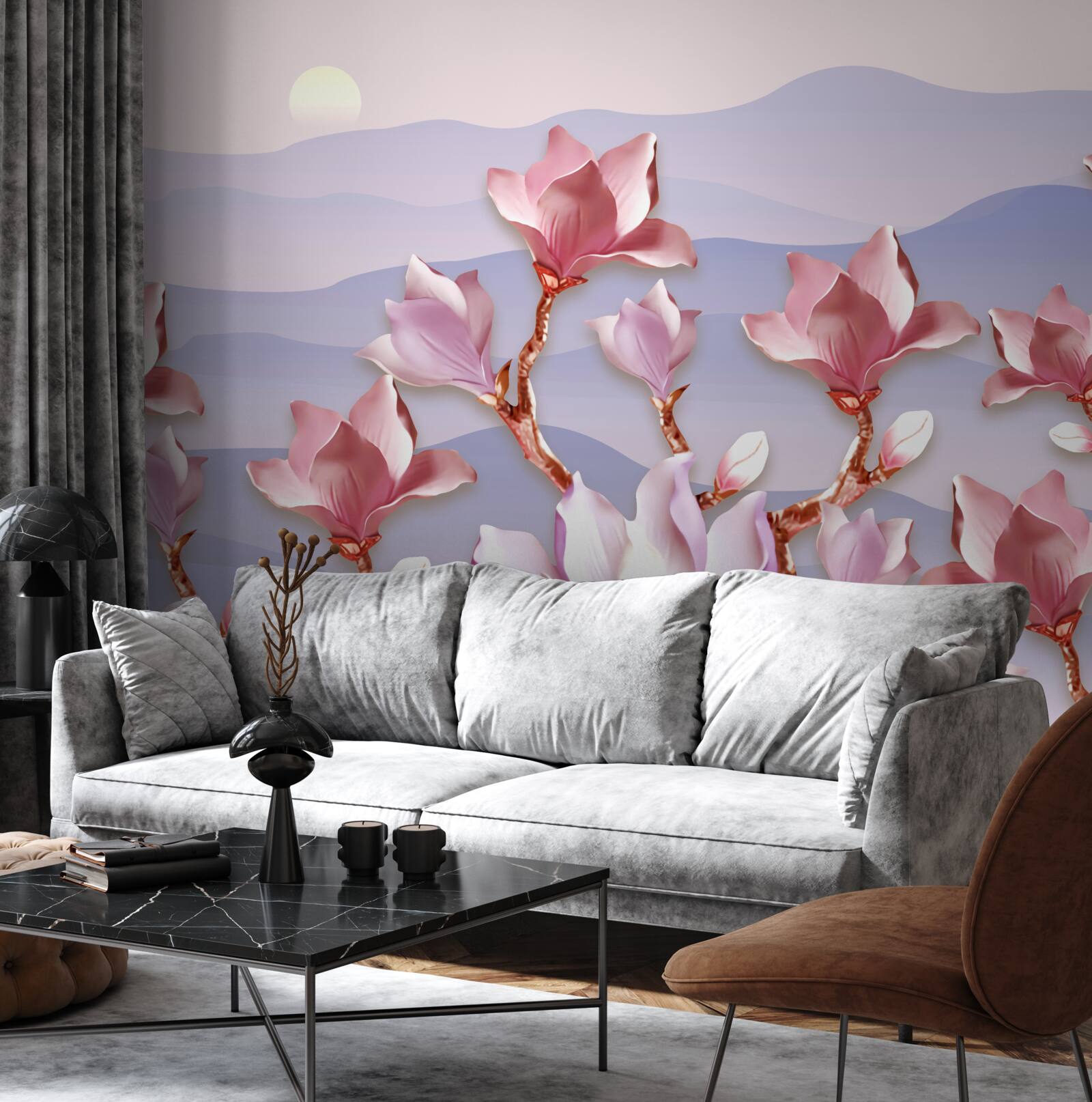 Fototapeten Magnolien -Knospen rosa gegen die Morgendämmerung eines langweiligen Tages