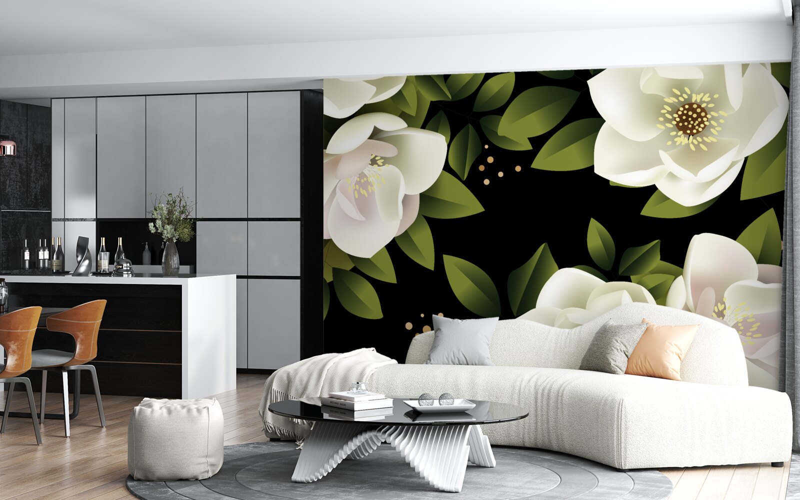 Fototapeten Der schwarze Hintergrund umgibt weiße Blumen