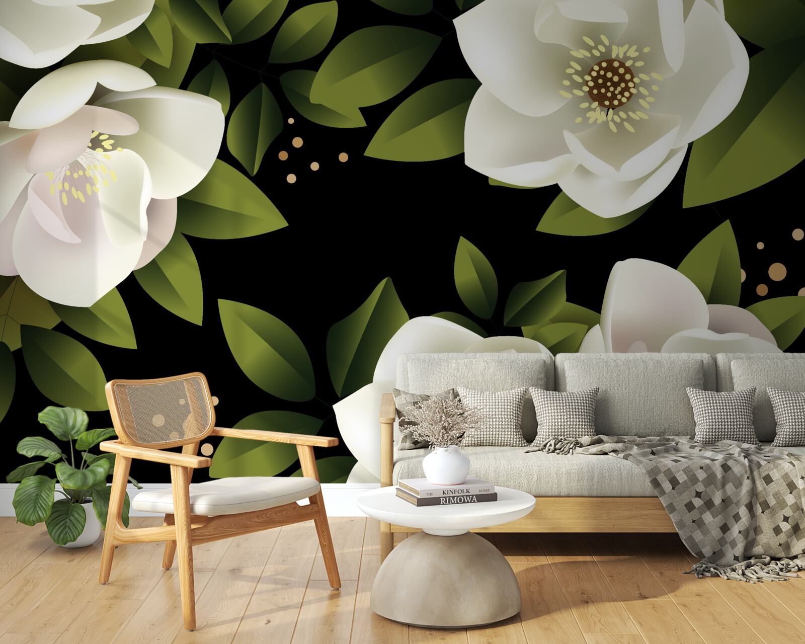 Fototapeten Der schwarze Hintergrund umgibt weiße Blumen
