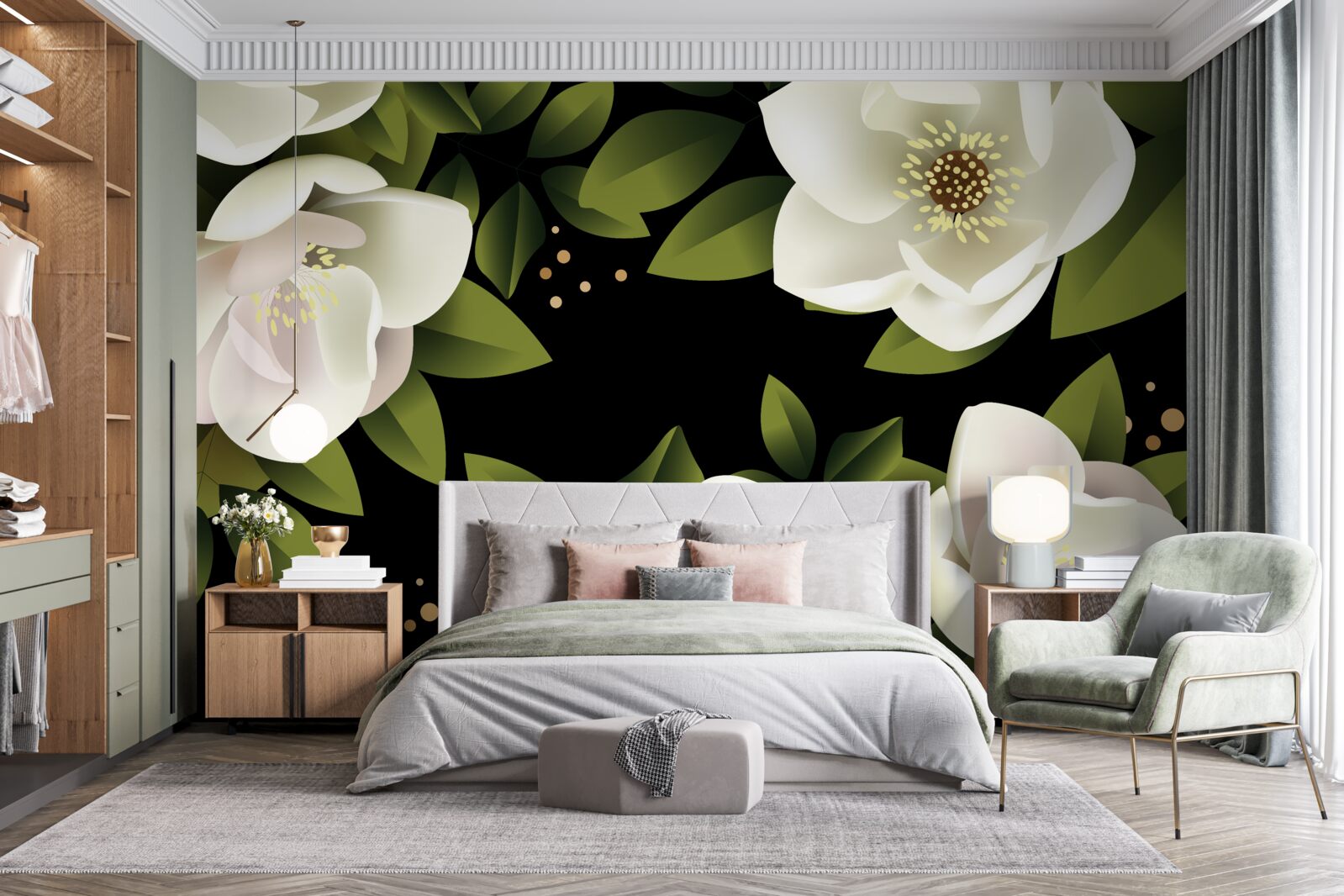 Fototapeten Der schwarze Hintergrund umgibt weiße Blumen
