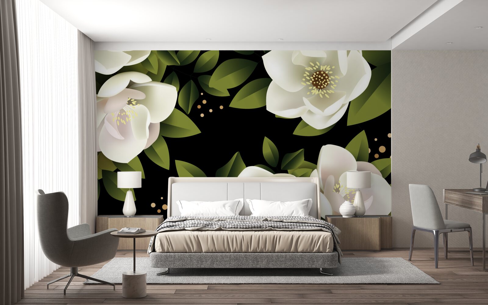 Fototapeten Der schwarze Hintergrund umgibt weiße Blumen