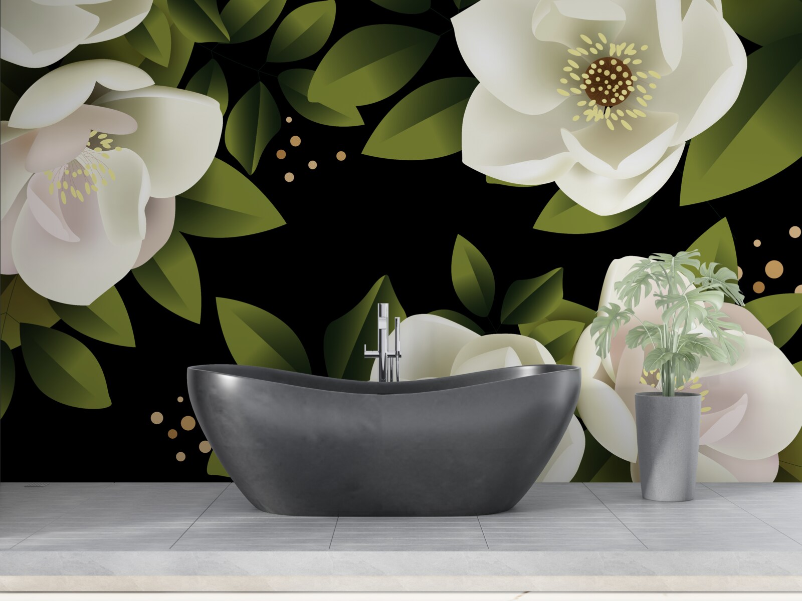 Fototapeten Der schwarze Hintergrund umgibt weiße Blumen