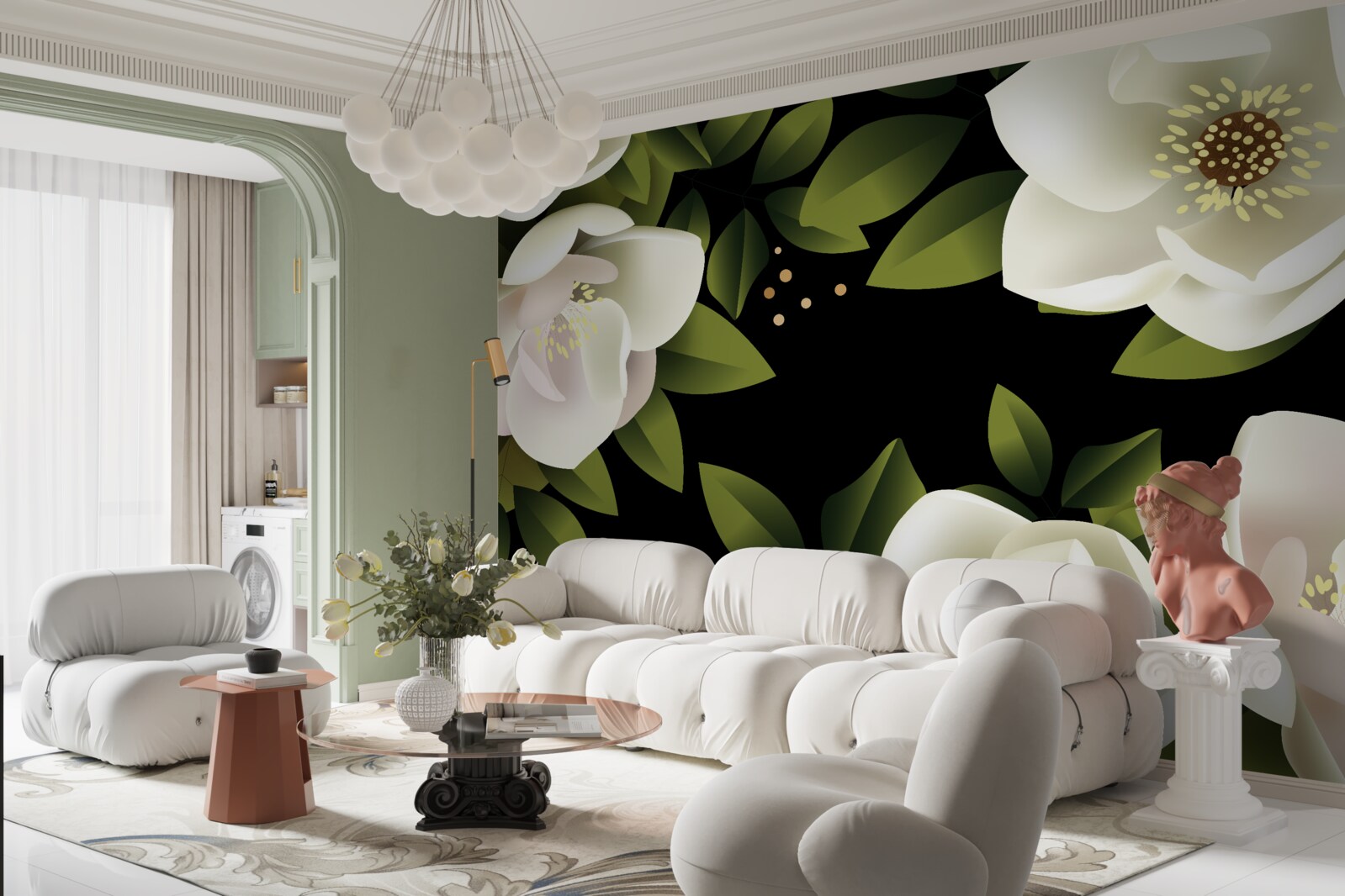 Fototapeten Der schwarze Hintergrund umgibt weiße Blumen