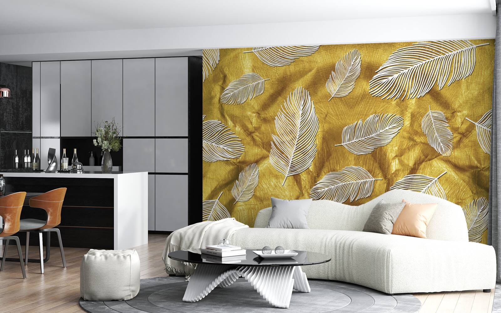 Fototapeten dünne weiße Federn auf einem goldenen Hintergrund
