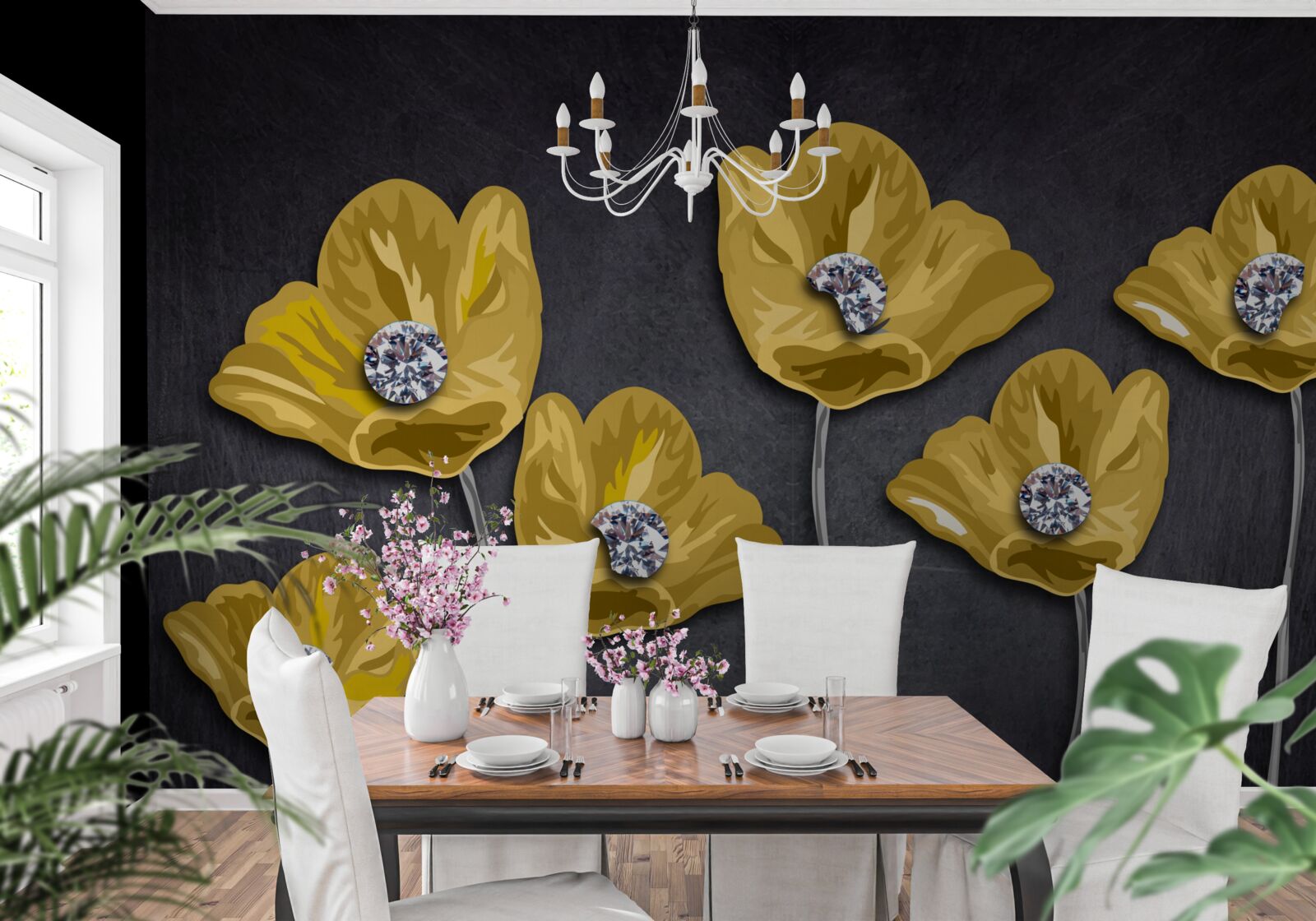 Fototapeten Gelbe Tulpen auf grauem Hintergrund