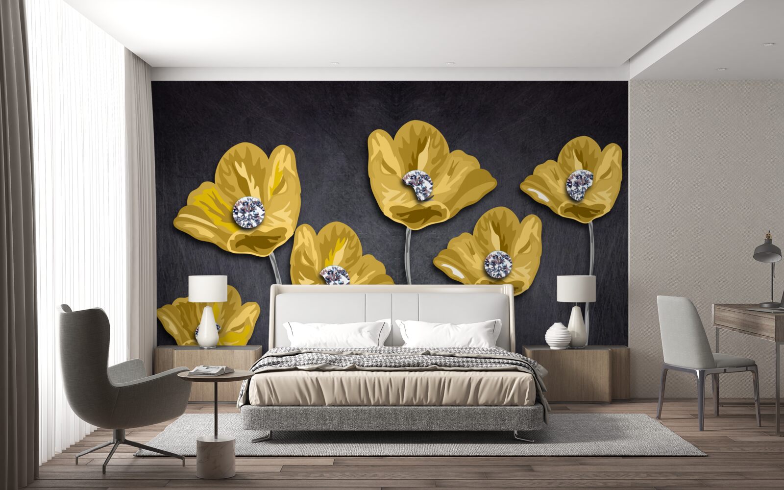 Fototapeten Gelbe Tulpen auf grauem Hintergrund