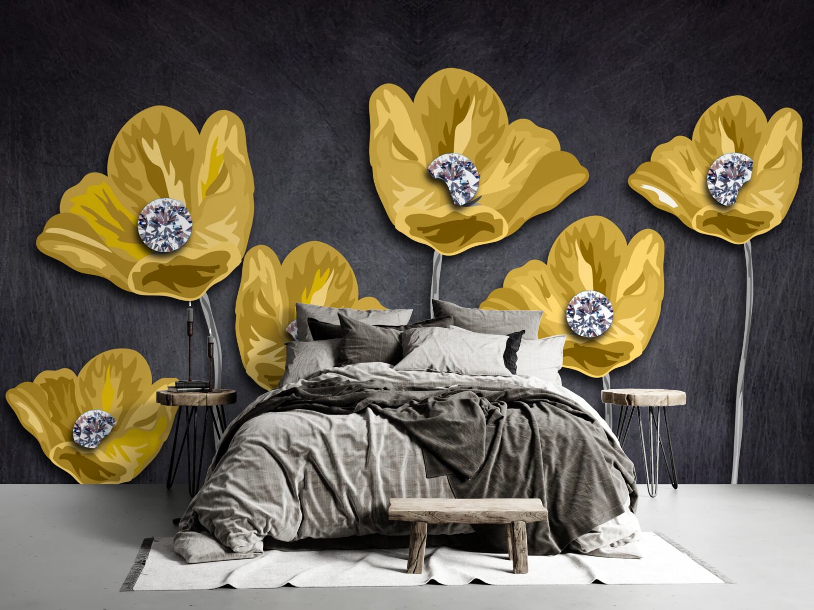 Fototapeten Gelbe Tulpen auf grauem Hintergrund