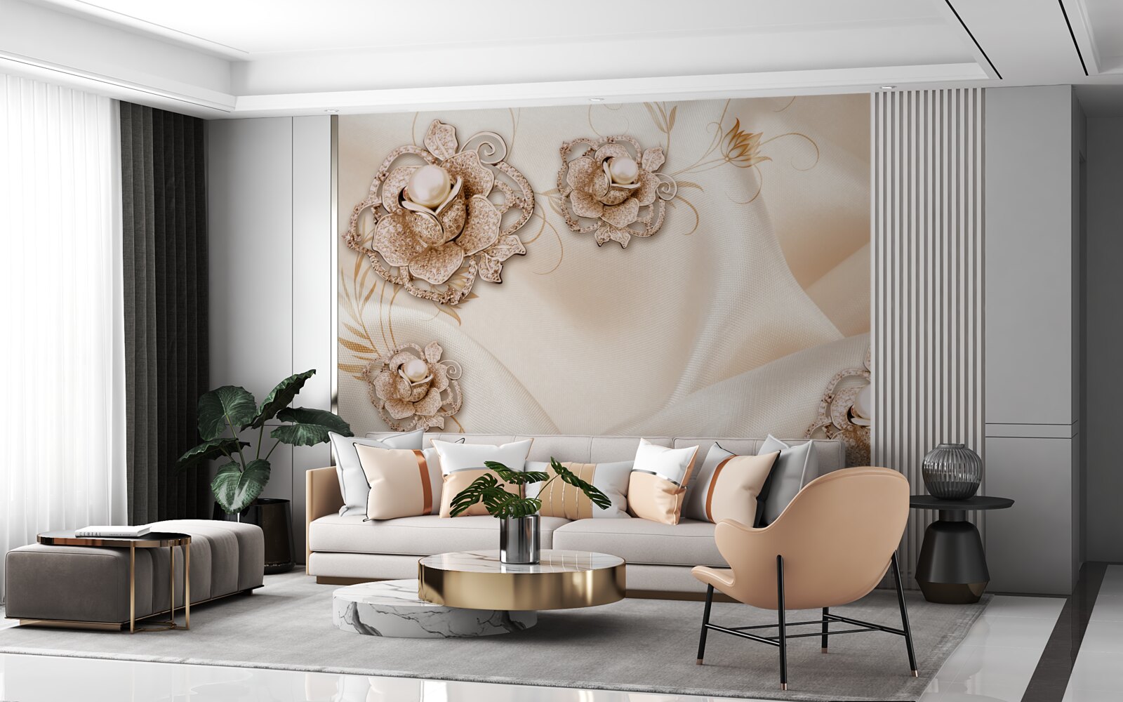 Fototapeten Eine Kombination aus zarten Pfirsichseide und Blumen