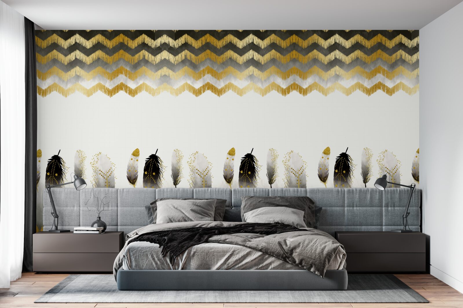 Fototapeten Federn in Schwarz und Weiß und gekrümmte Linien mit einem goldenen Farbton