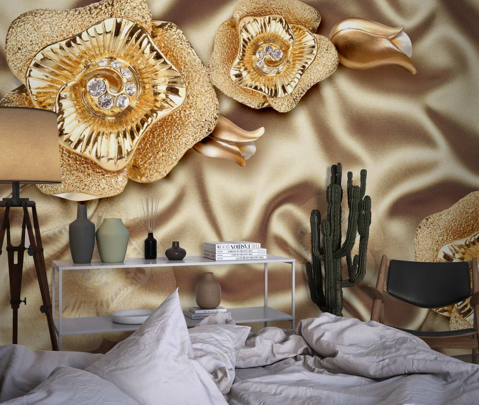 Fototapeten Goldene Details zu Seide mit braunen Blumen dekoriert