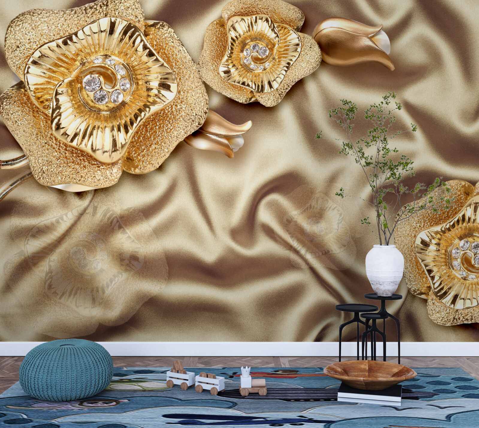 Fototapeten Goldene Details zu Seide mit braunen Blumen dekoriert