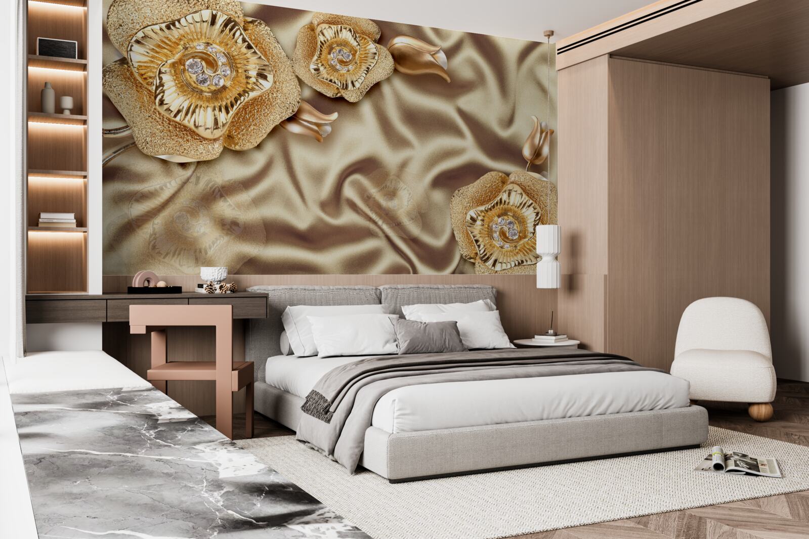 Fototapeten Goldene Details zu Seide mit braunen Blumen dekoriert