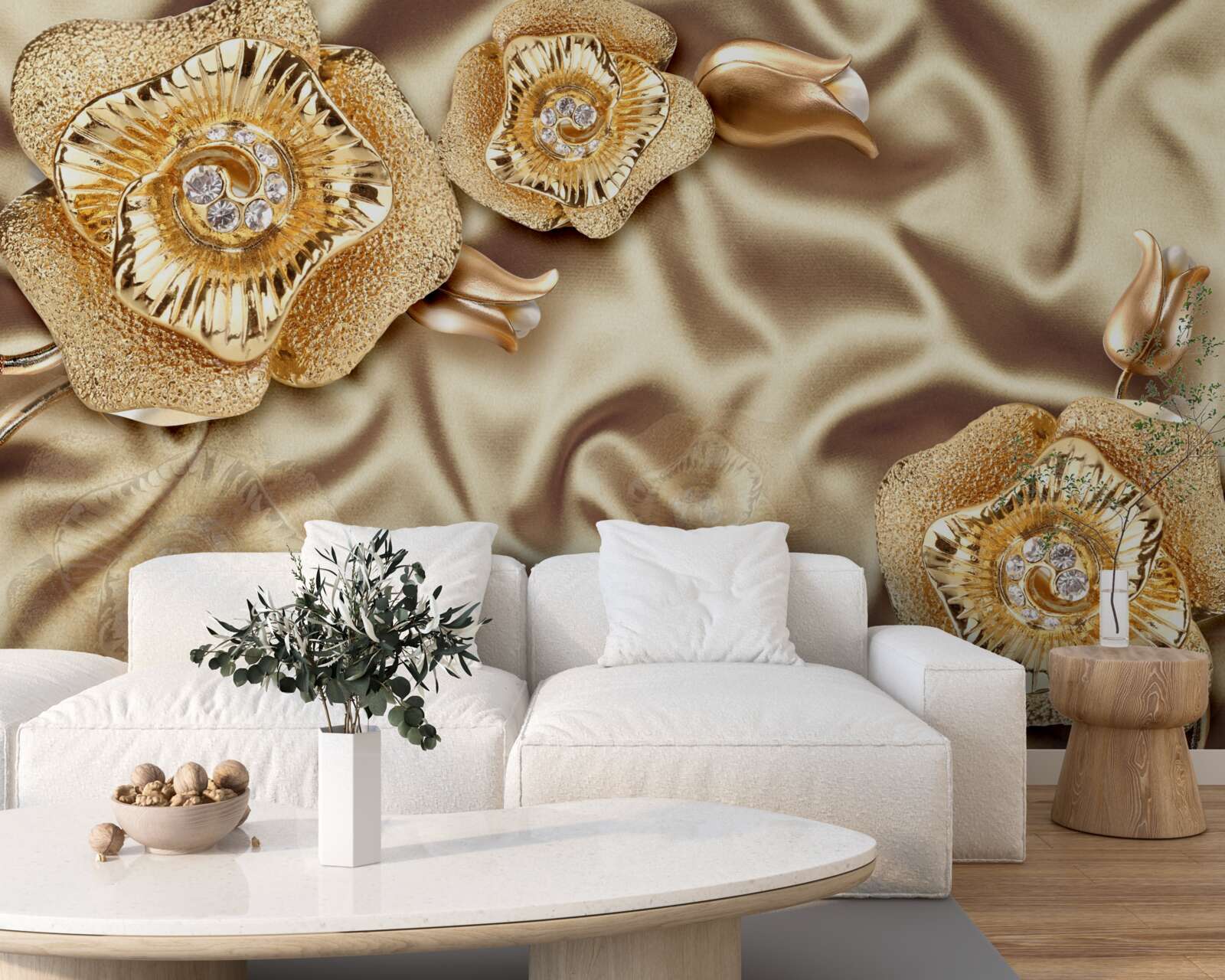 Fototapeten Goldene Details zu Seide mit braunen Blumen dekoriert