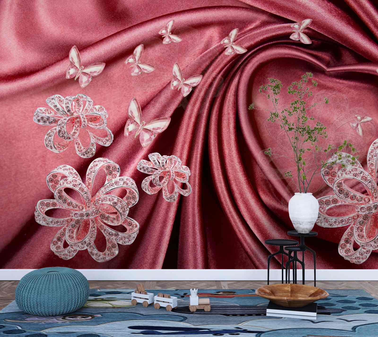 Fototapeten Blumenschmuck auf Seide gelegt
