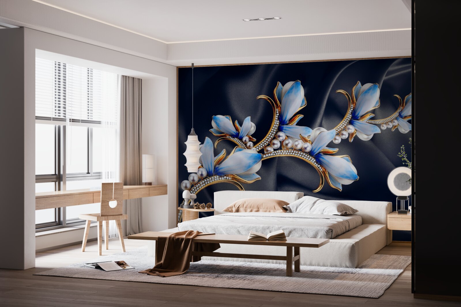 Fototapeten Magnolienbaumzäste, die seine blauen Blüten noch nicht geöffnet haben