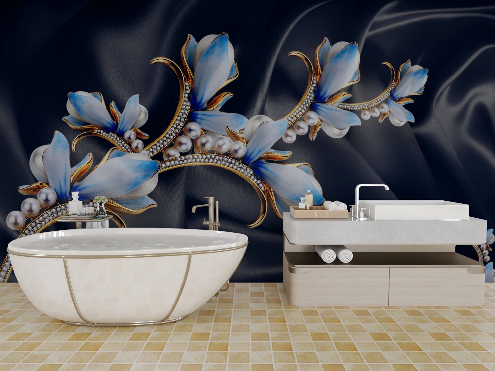Fototapeten Magnolienbaumzäste, die seine blauen Blüten noch nicht geöffnet haben
