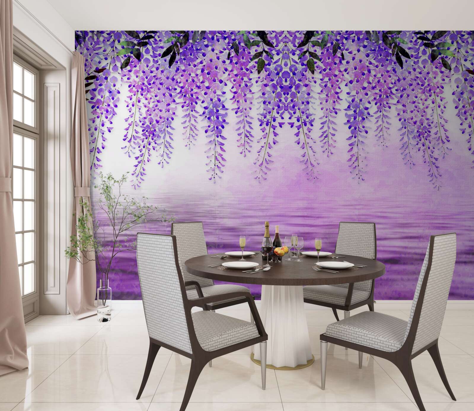 Fototapeten Wisteria mit einem lila Farbton gegen die gleiche Farbe