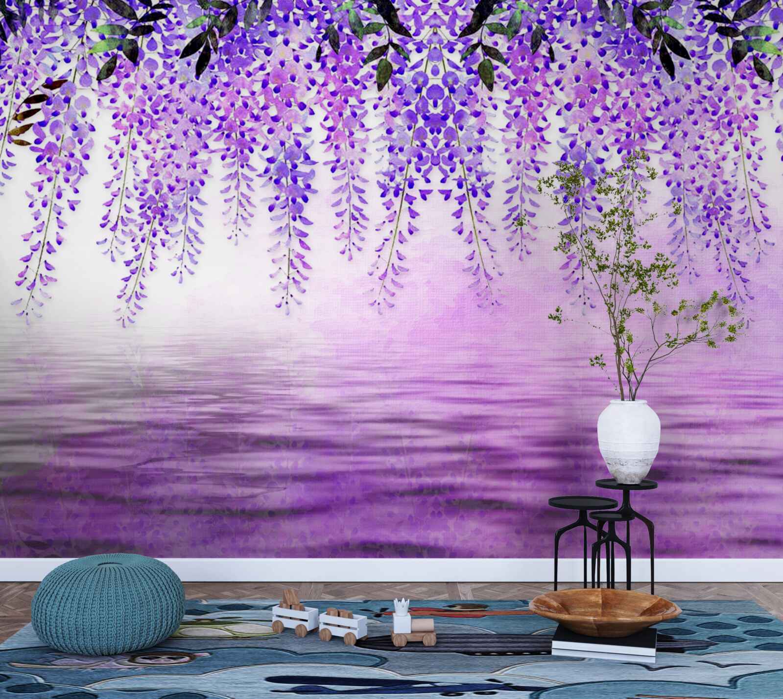 Fototapeten Wisteria mit einem lila Farbton gegen die gleiche Farbe