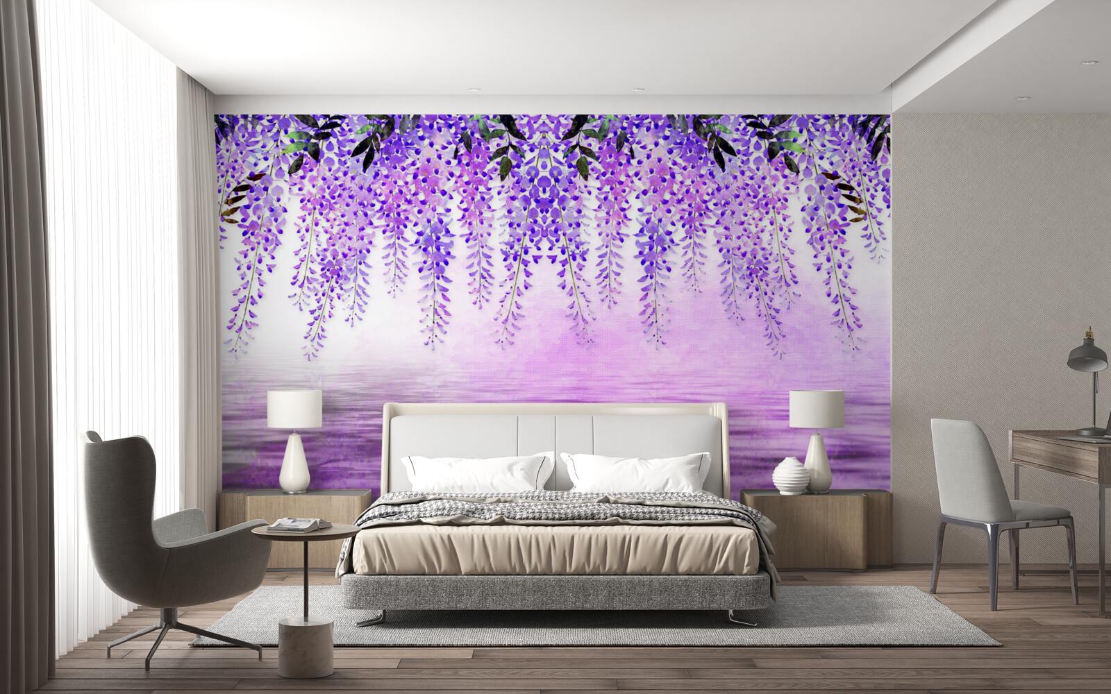 Fototapeten Wisteria mit einem lila Farbton gegen die gleiche Farbe
