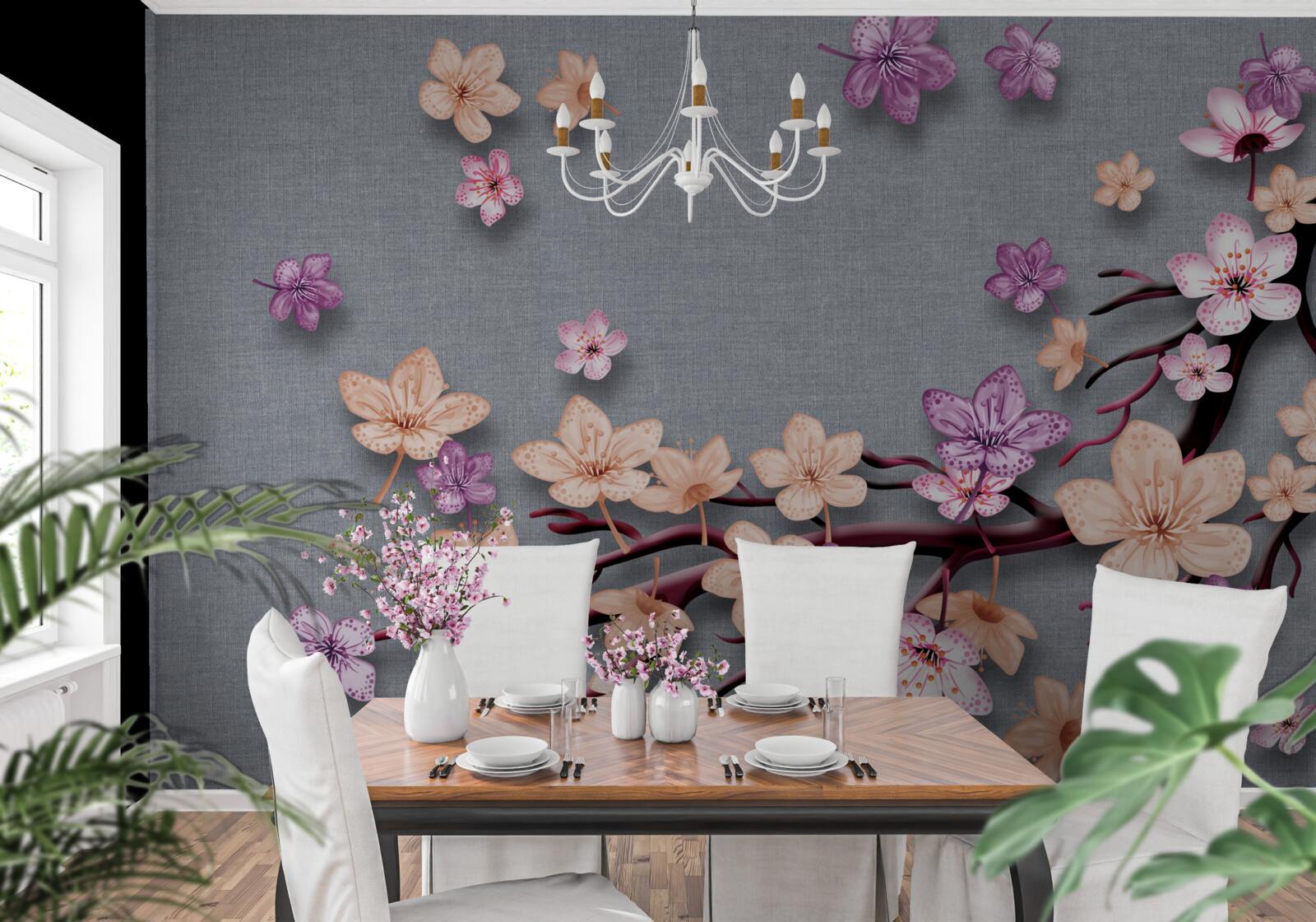 Fototapeten Der Zweig ist mit kleinen Blumen dekoriert