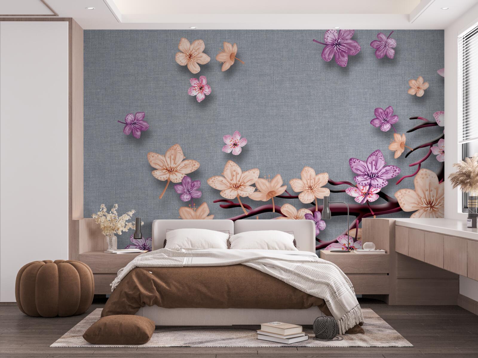 Fototapeten Der Zweig ist mit kleinen Blumen dekoriert