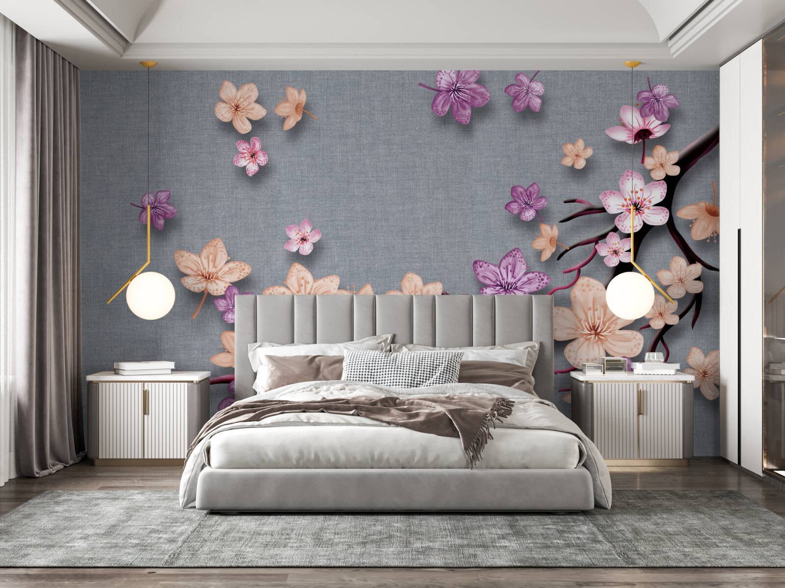Fototapeten Der Zweig ist mit kleinen Blumen dekoriert