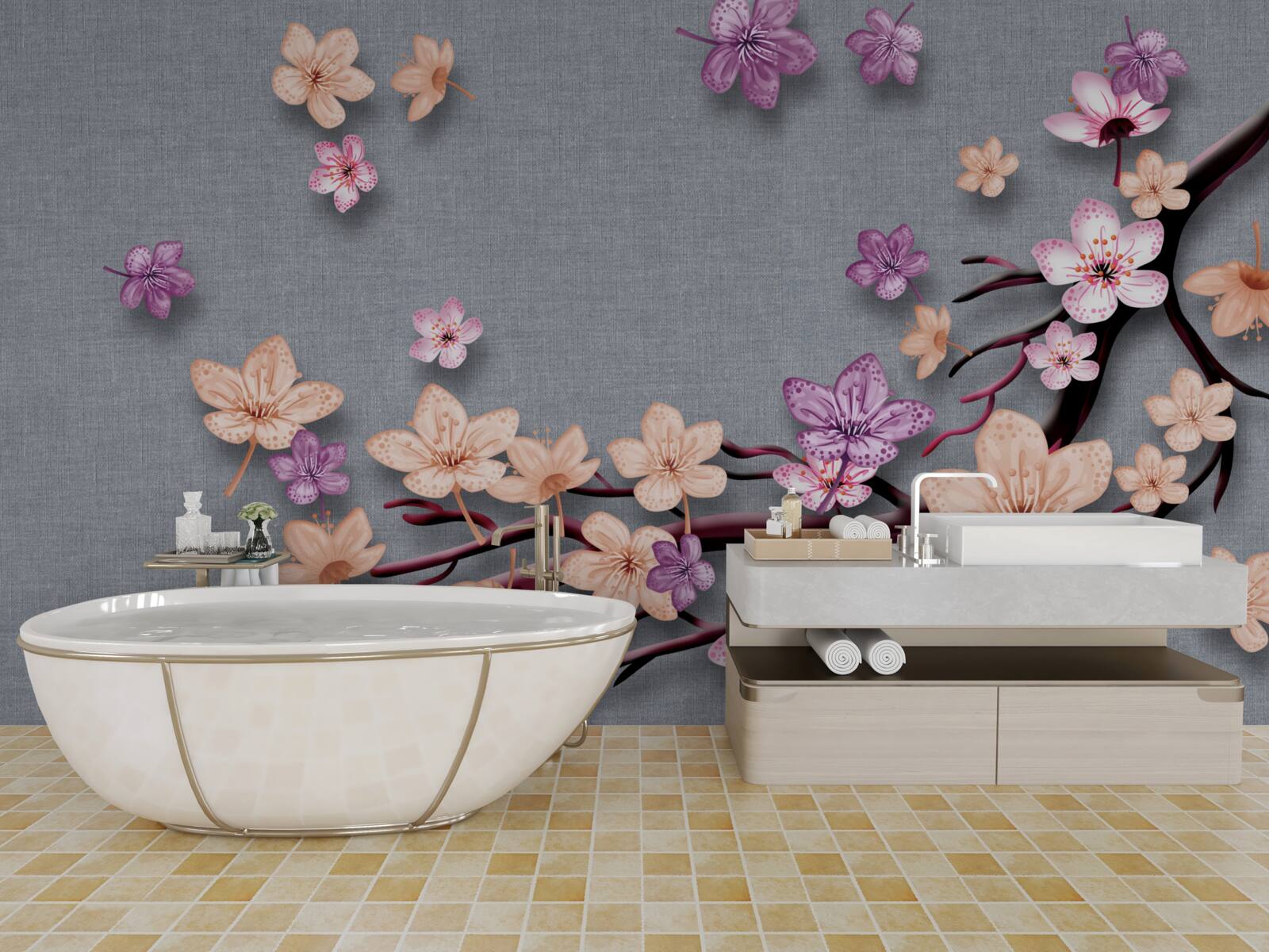Fototapeten Der Zweig ist mit kleinen Blumen dekoriert
