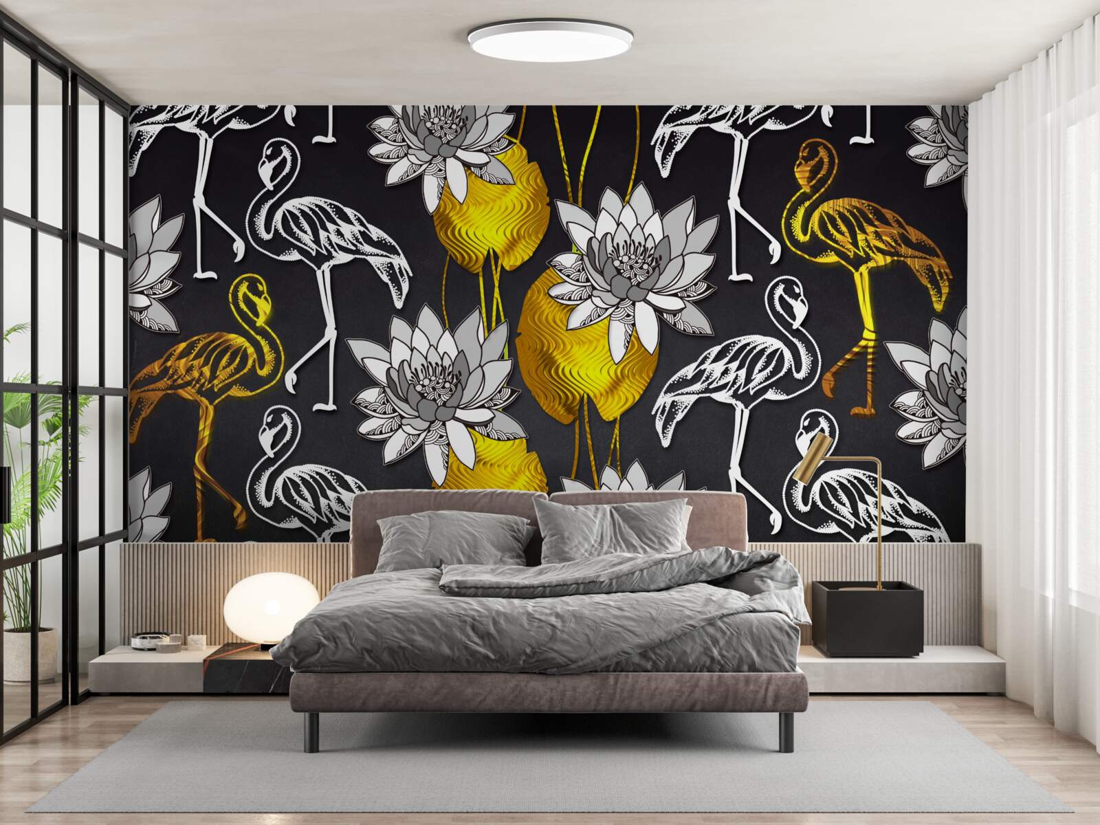 Fototapeten Goldene Pflanzen und weiße Flamingos