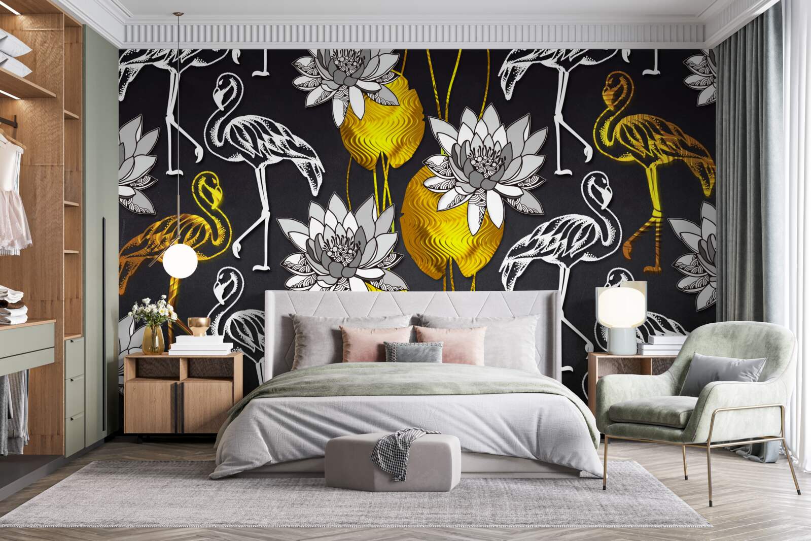 Fototapeten Goldene Pflanzen und weiße Flamingos