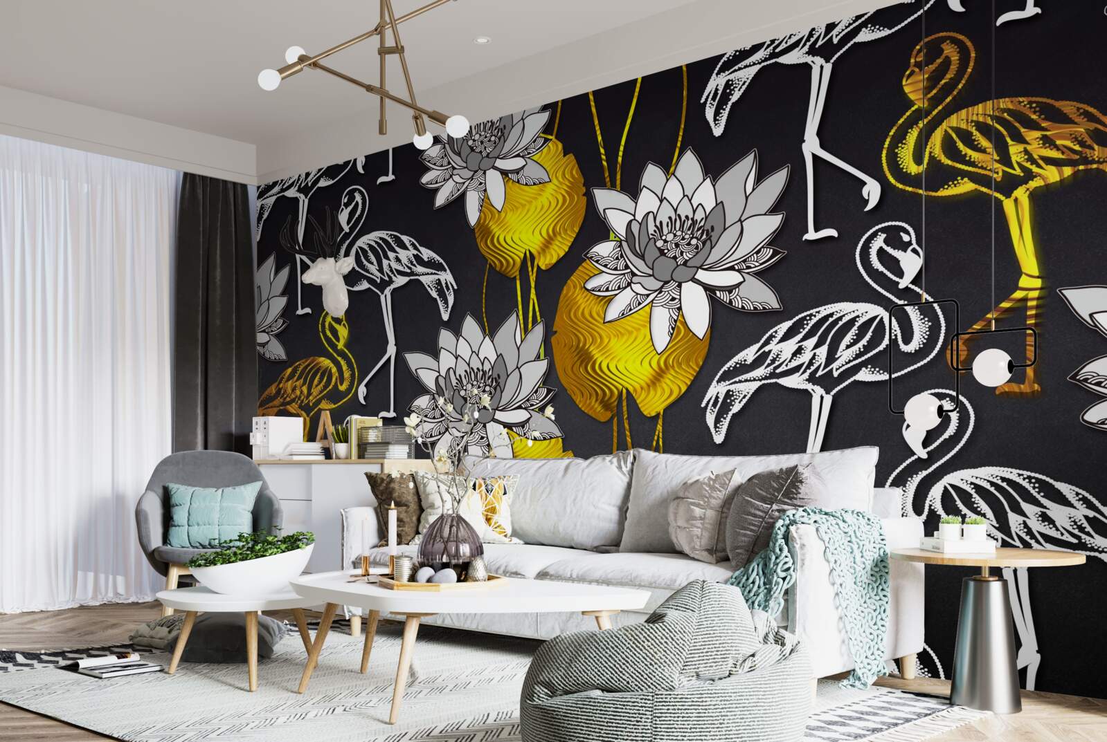 Fototapeten Goldene Pflanzen und weiße Flamingos
