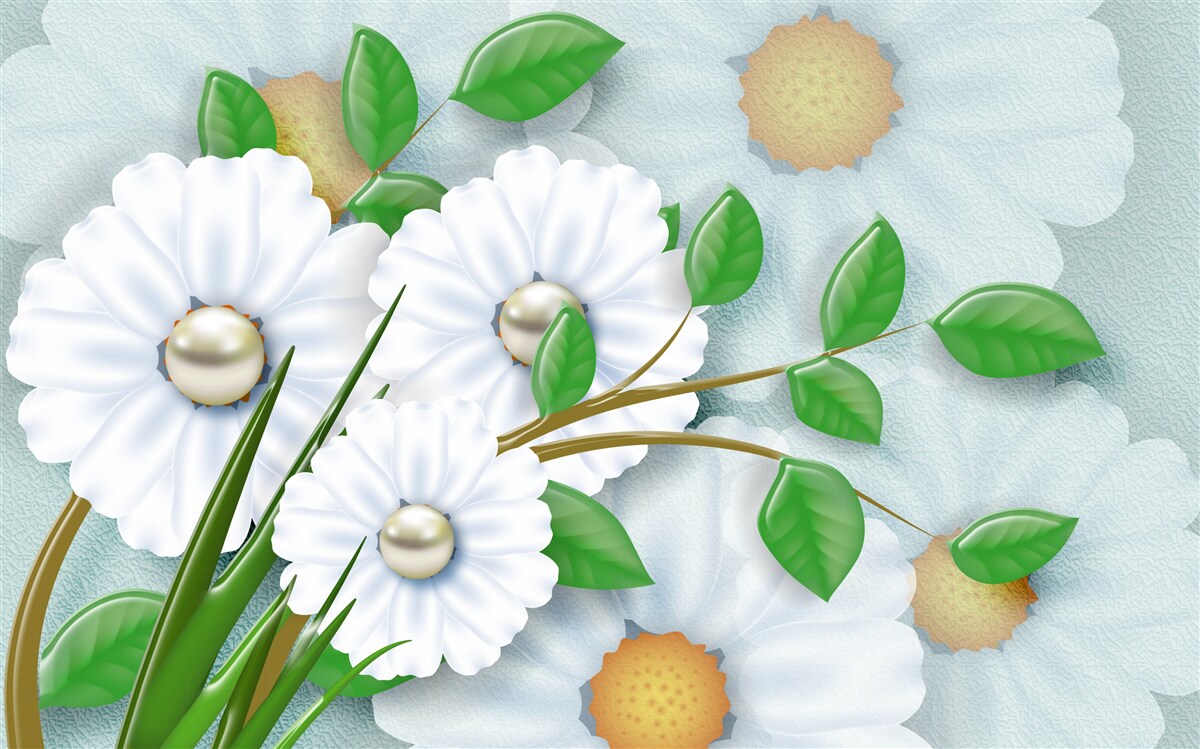 Fototapeten Schnee -White -Gänseblümchen mit Perlenherzen