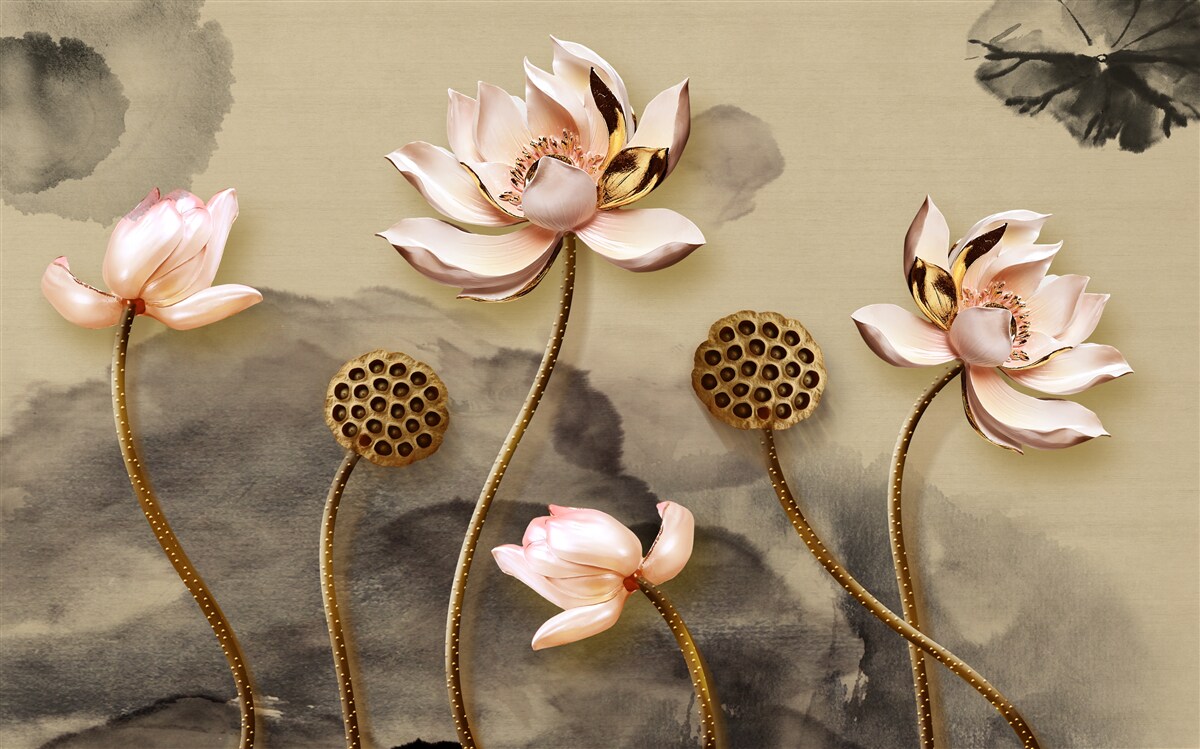 Fototapeten Knospen von rosa Blumen schwanken im Wind