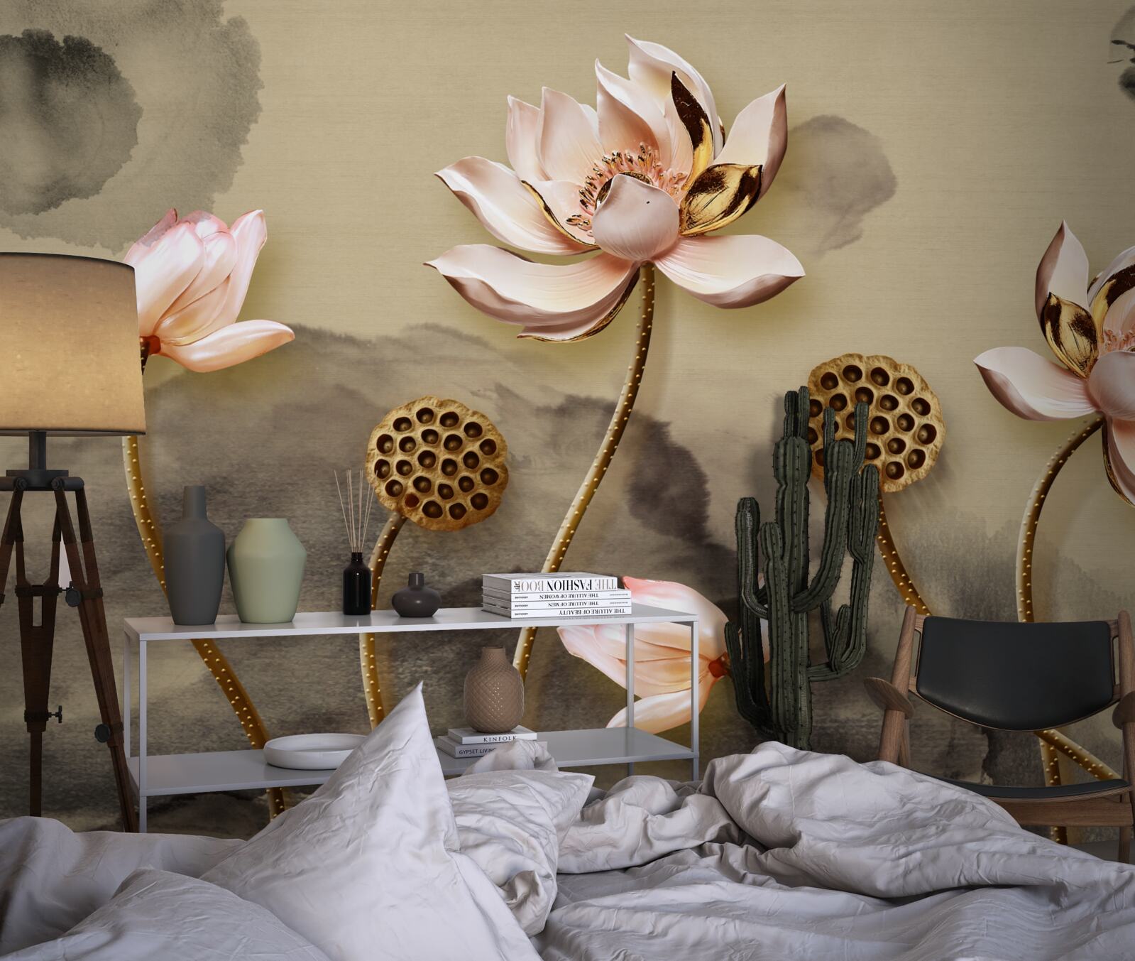 Fototapeten Knospen von rosa Blumen schwanken im Wind