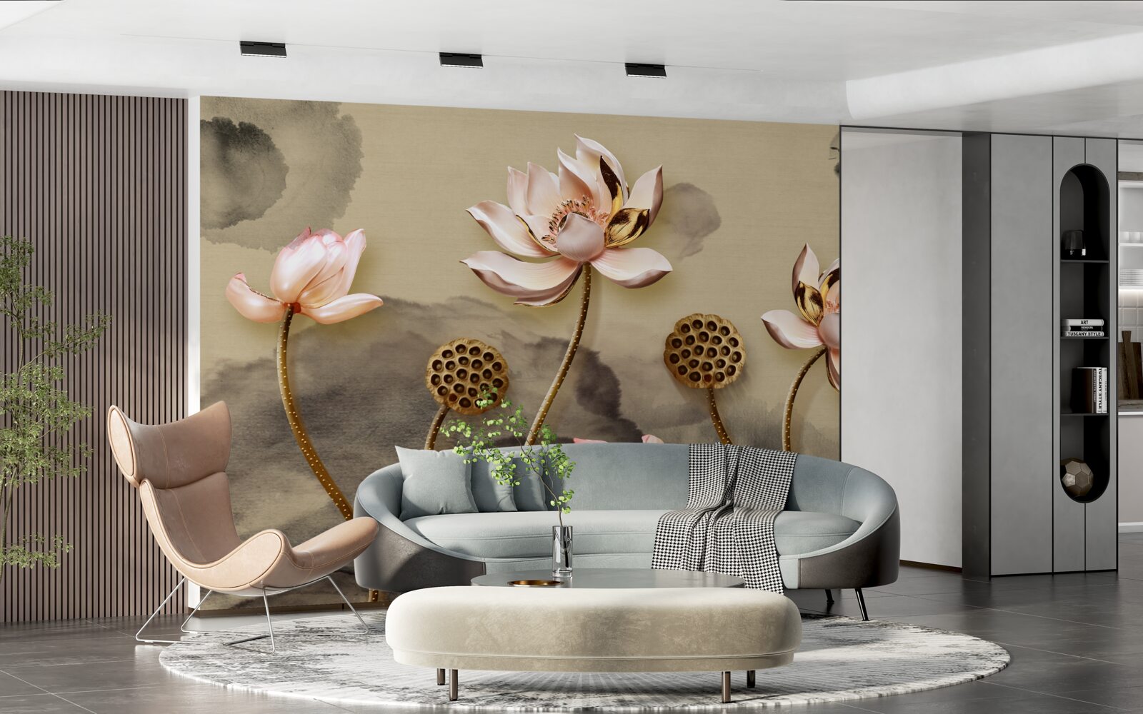 Fototapeten Knospen von rosa Blumen schwanken im Wind