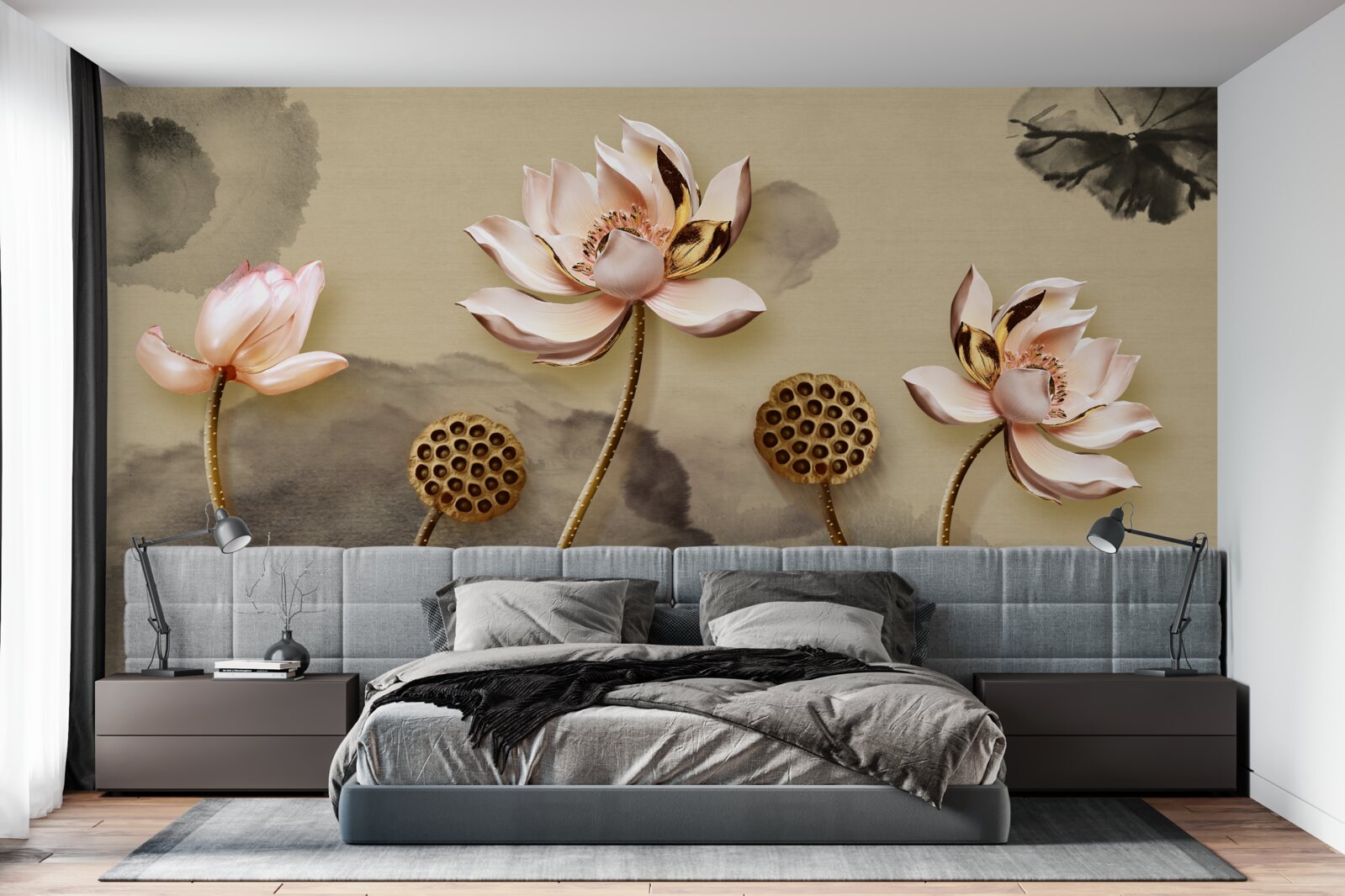 Fototapeten Knospen von rosa Blumen schwanken im Wind
