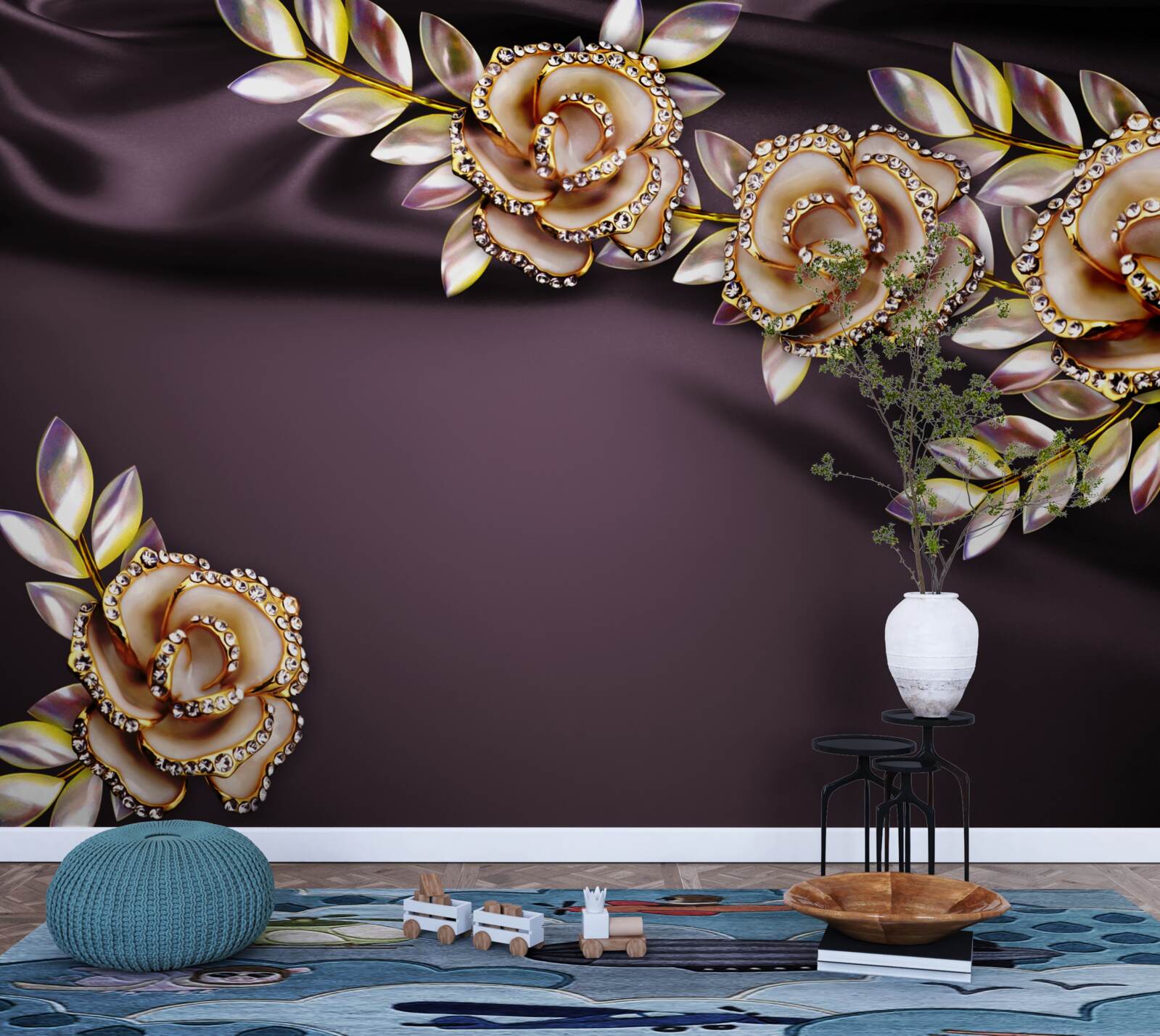Fototapeten Rosen aus Gold mit Blättern in Form von Dekorationen