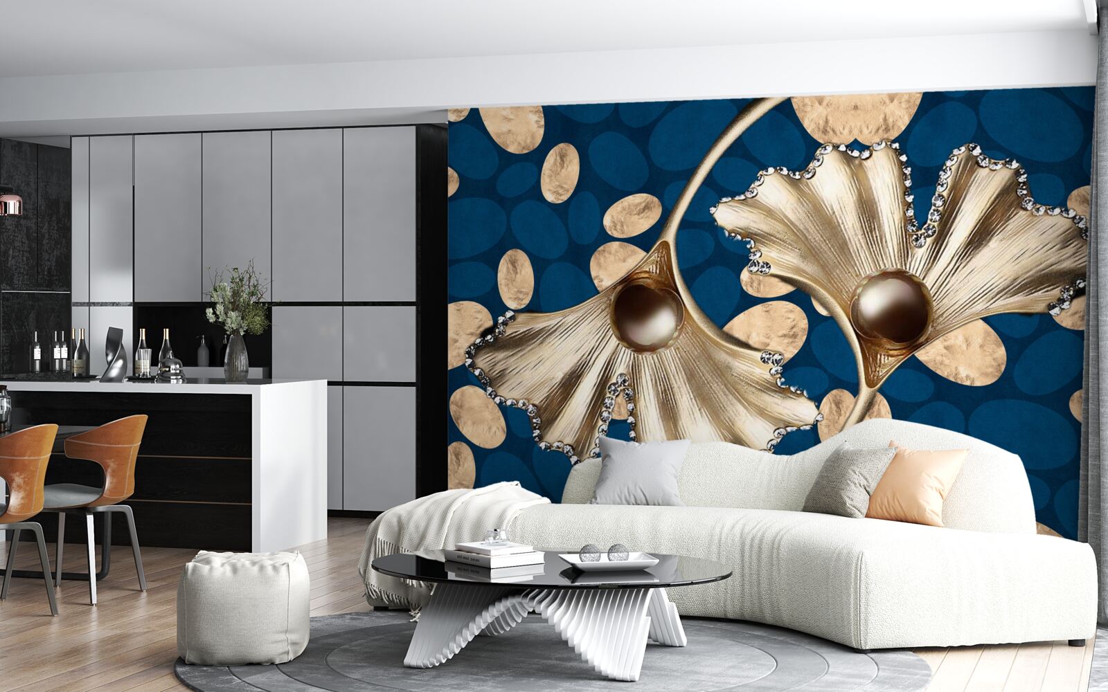 Fototapeten Der blaue Hintergrund ist mit goldenen Blumen dekoriert